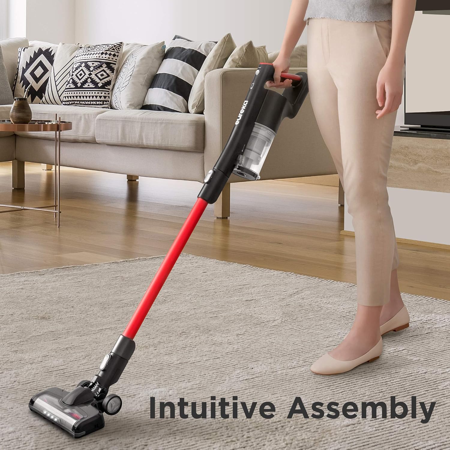 EUREKA Cordless Vacuum Cleaner, Hight Efficiency for All Carpet and Hardwood Floor LED Headlights, Convenient Stick and Handheld Vac, Basic Red -