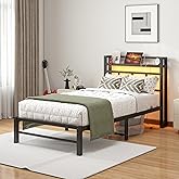 Maliacife Twin Bed Frame with Headboard,Single Bed Frame with Charging Station and LED Lights,Metal Platform Bed Twin Sizes,No Box Spring Needed,Easy Assembly,Black (Black, Twin)