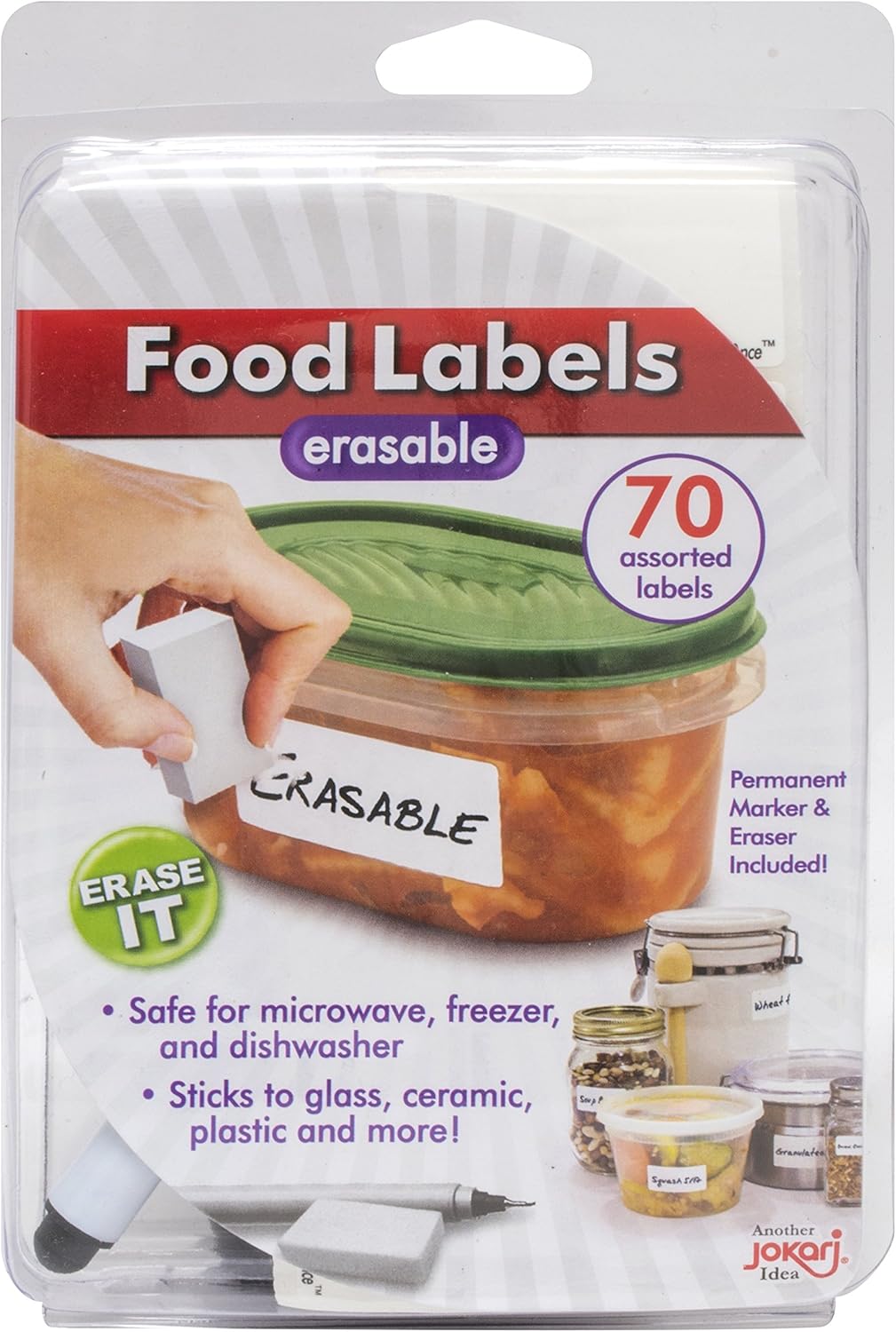 Jokari Label Once 47826 - Erasable Multi-Use Labels Starter Kit with 70 labels, Eraser and Pen, White
