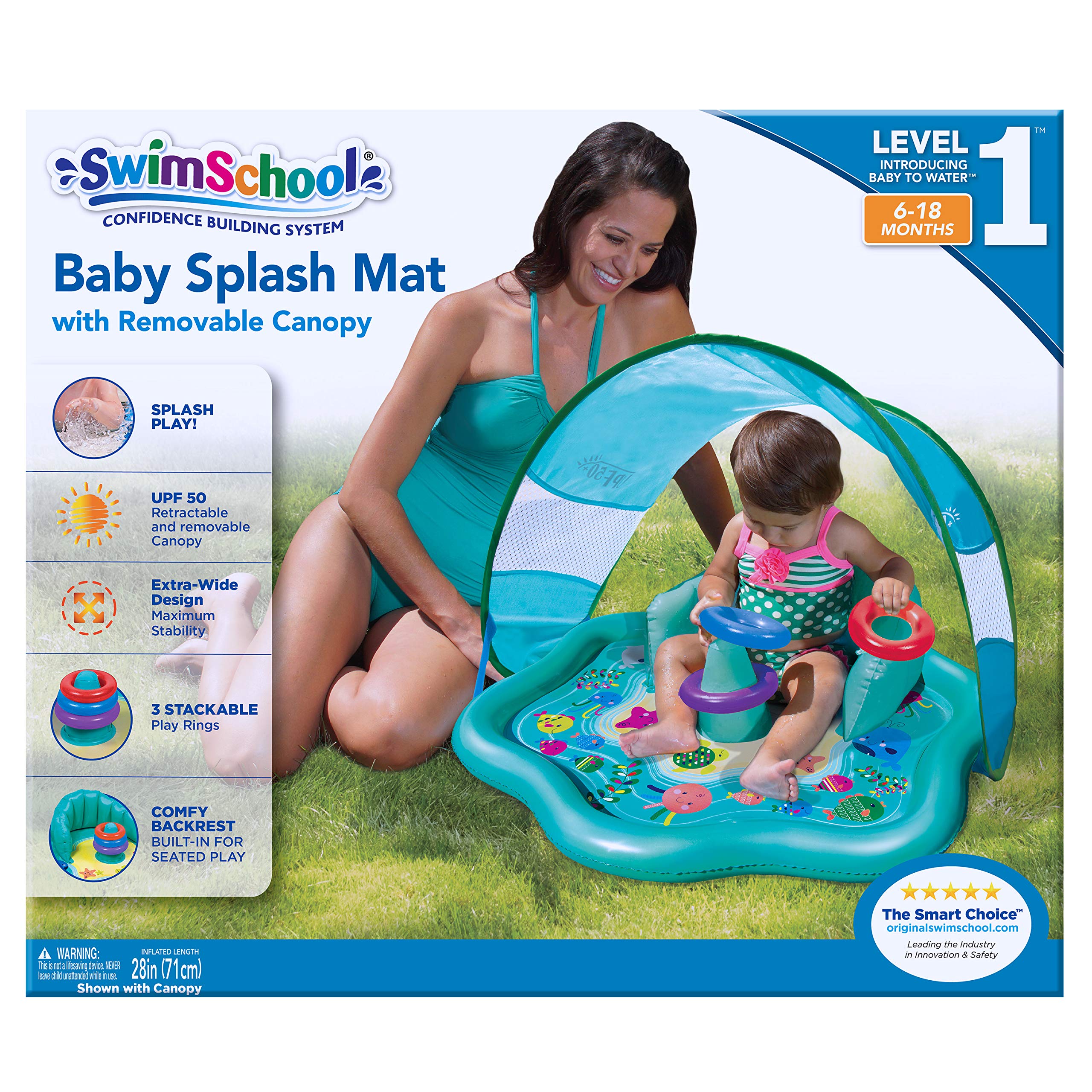 Swimschool Splash Play Mat with Backrest, Removable Canopy, for Babies and Toddlers, Inflatable Kiddie Pool with Three Toys, 6 to 24 Months, Aqua