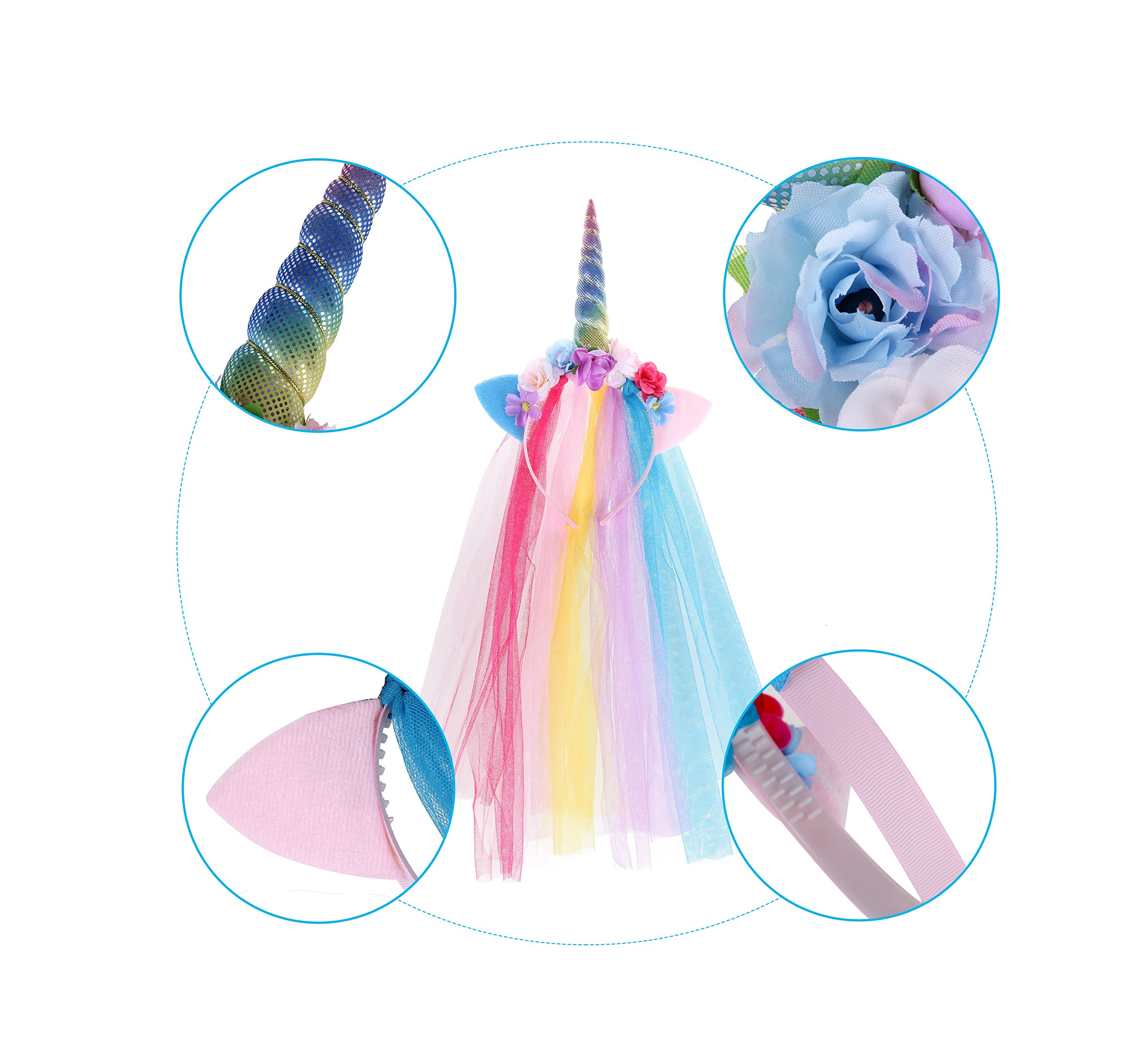 Rainbow Unicorn Headband With Tulle Mane Featuring A Rainbow Horn, Pastel Cat Ears, and Flowers