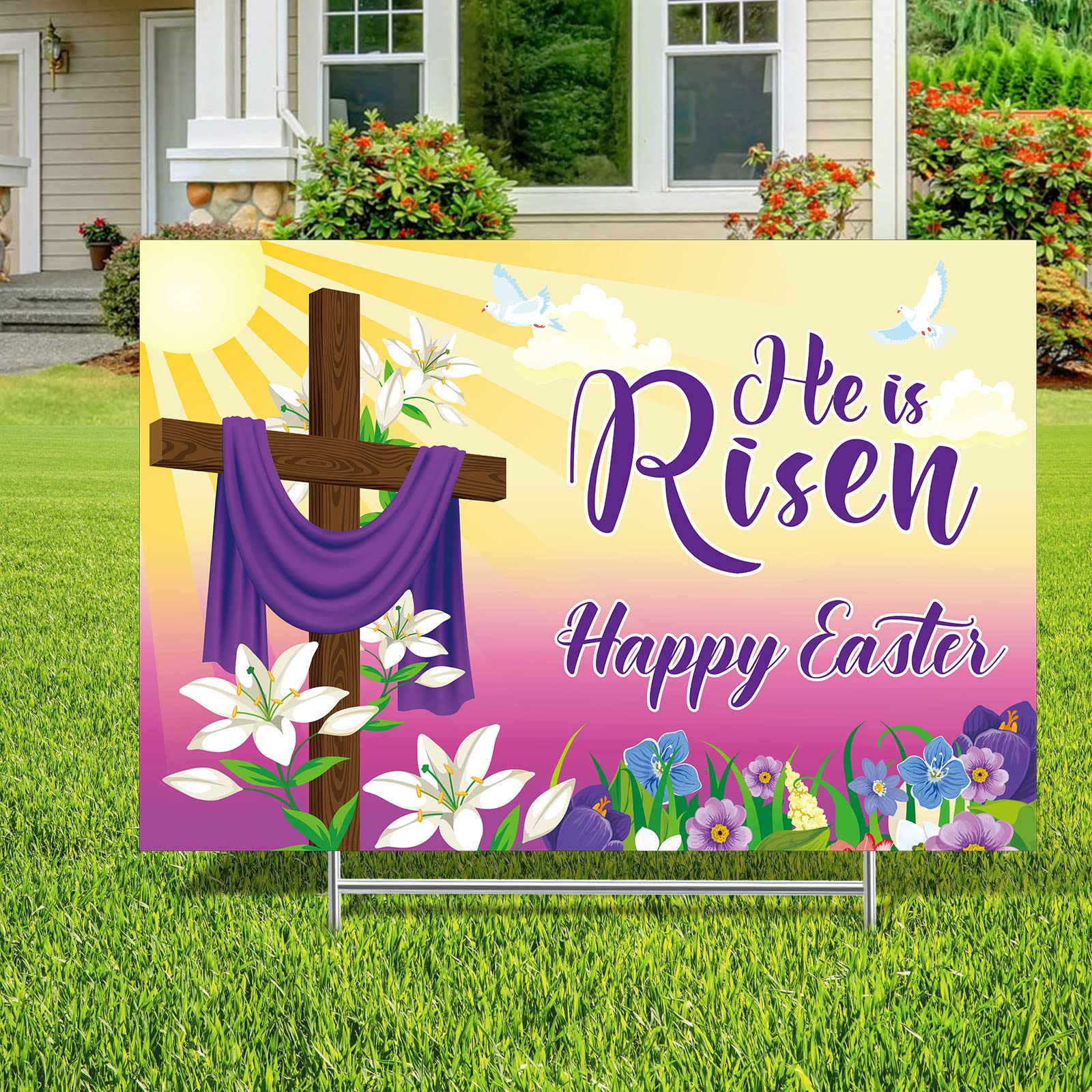 Photo 1 of Queekay Easter Yard Sign Outdoor Decoration Happy He Is Risen Yard Sign Easter Lawn Signs Christian Holiday Party Lawn Stake for Garden(Bright Style)