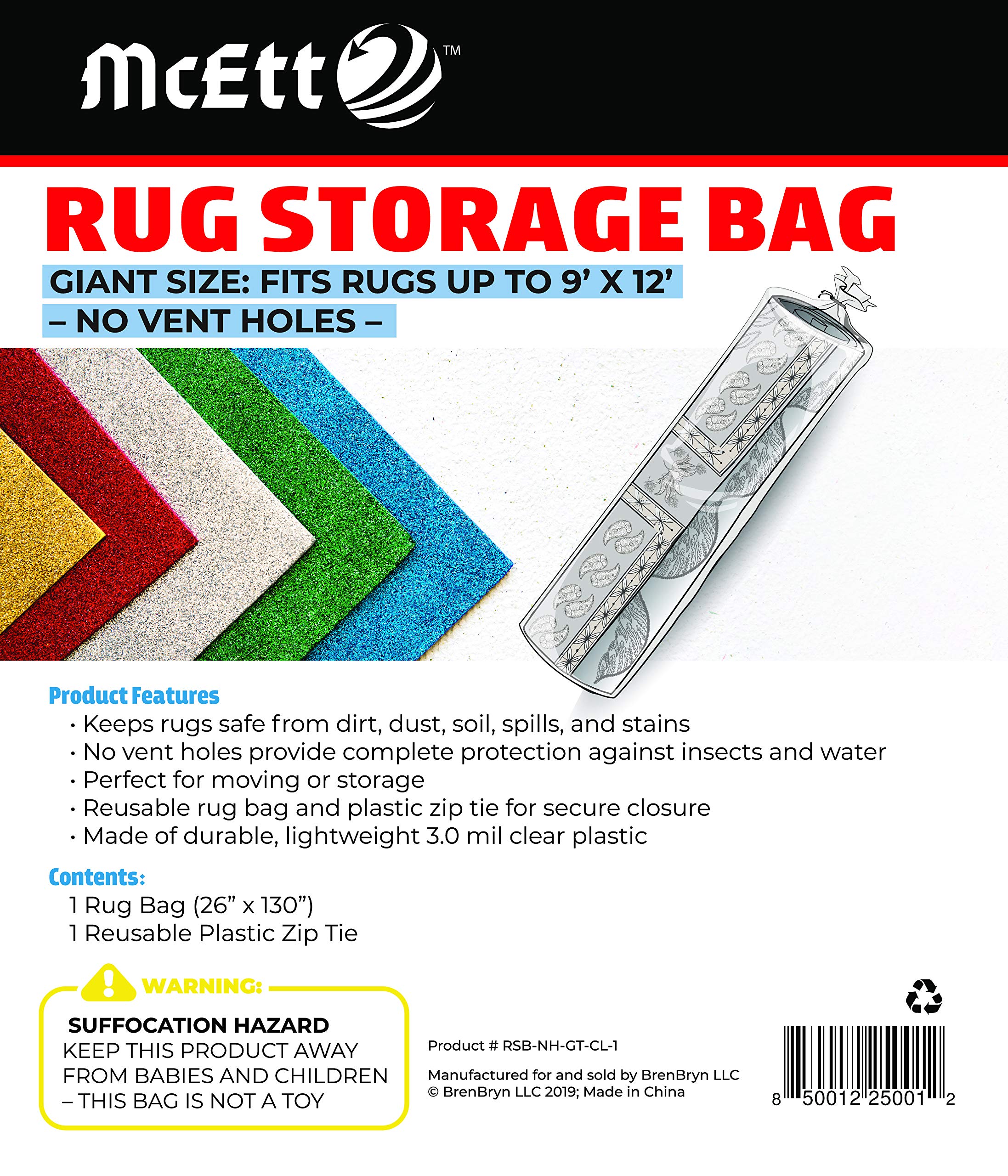 Rug Storage Bag and Zip Tie - No Vent Holes - Giant Size Fits Rugs up to 270 x 360cm - Protects Rolled Rugs for Moving or Storage