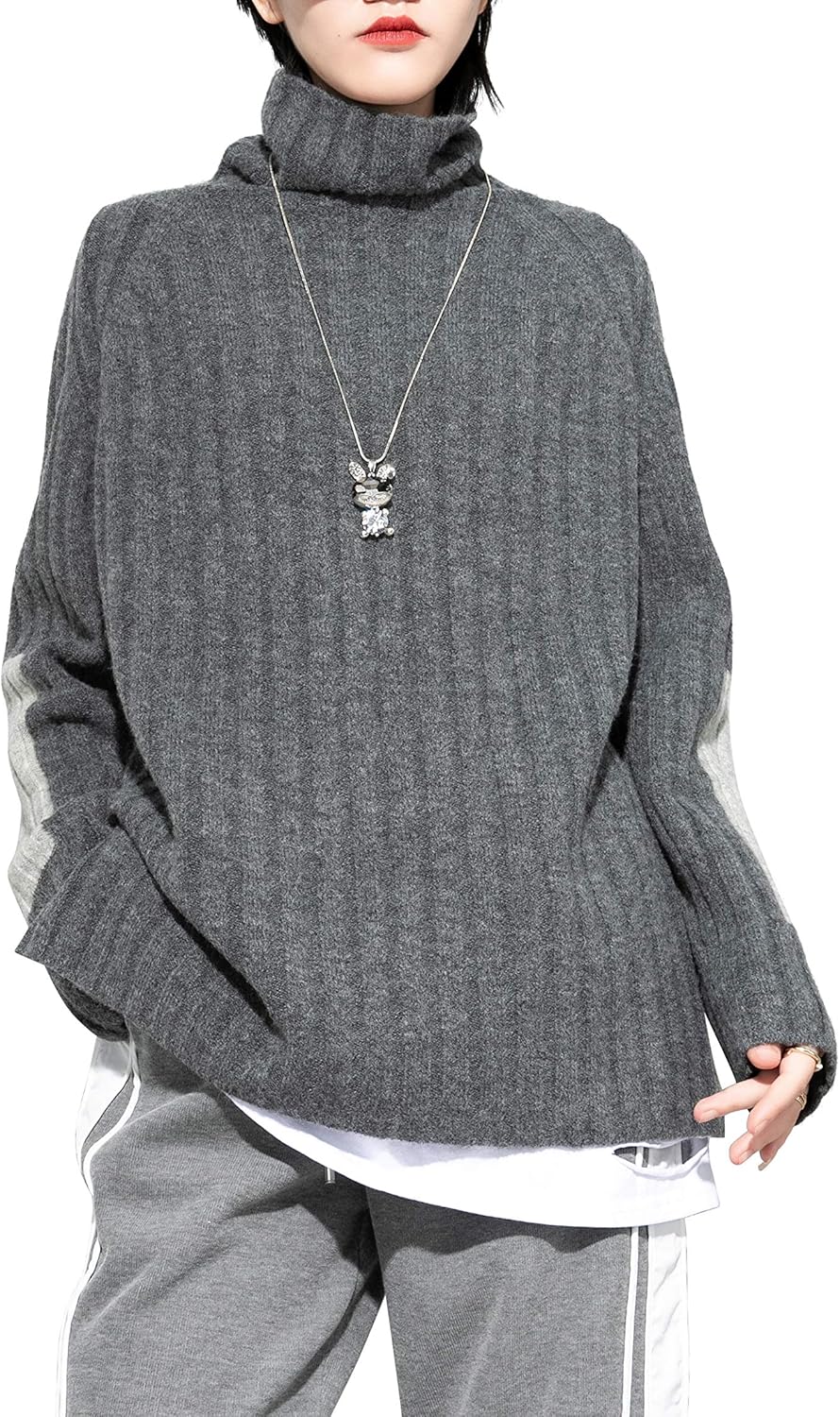 ellazhu Women Loose Turtleneck Long Sleeve Pullover Drop Shoulder Sweater GY2618 Grey at Amazon 