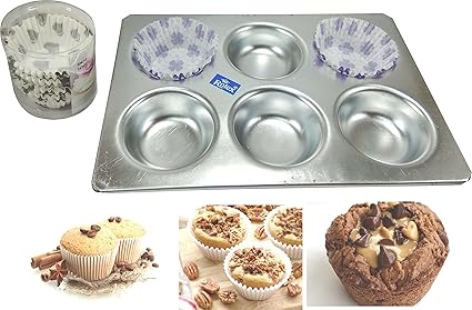 Rolex Aluminium Muffin Bakeware Tray Round for 6 muffins + Free Pack of 100 pcs Flair Paper Cups, 9 cm
