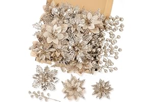 N&T NIETING 24 Pcs Christmas Poinsettia Artificial Flowers & Glitter Berries Stems Kit Christmas Floral Picks Christmas Tree Garland Wreath Filler Ornaments for Home Party Xmas Decor, Champagne Gold