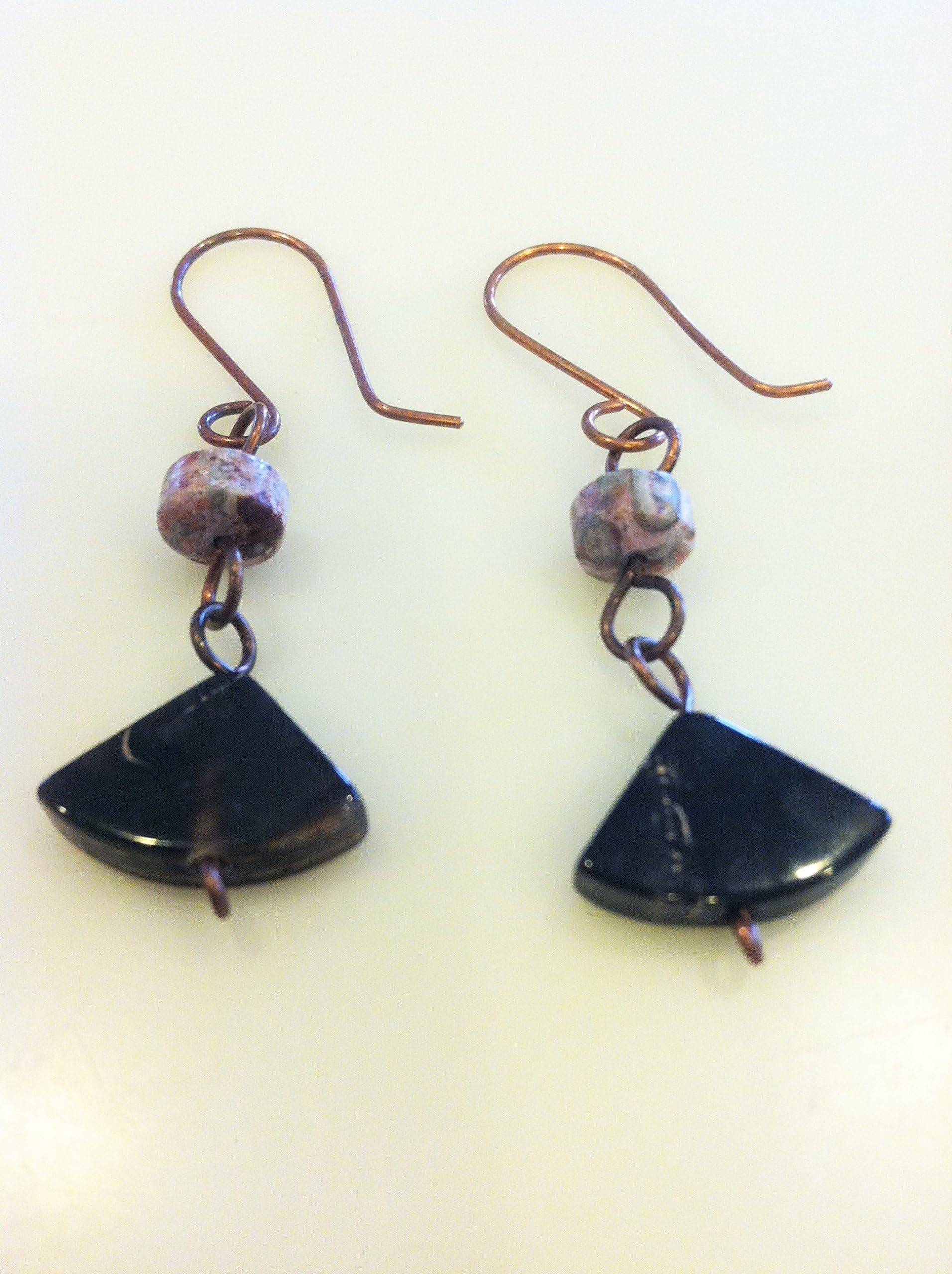 Handmade Copper Wire Dangle Earrings Jasper Stone Horn Jewelry, Rustic, Boho