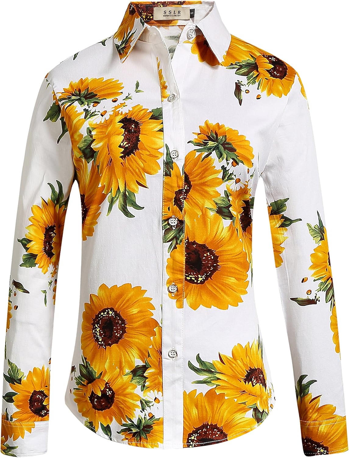 SSLR Women's Sunflower Casual Blouse Long Sleeve Button Down Hawaiian