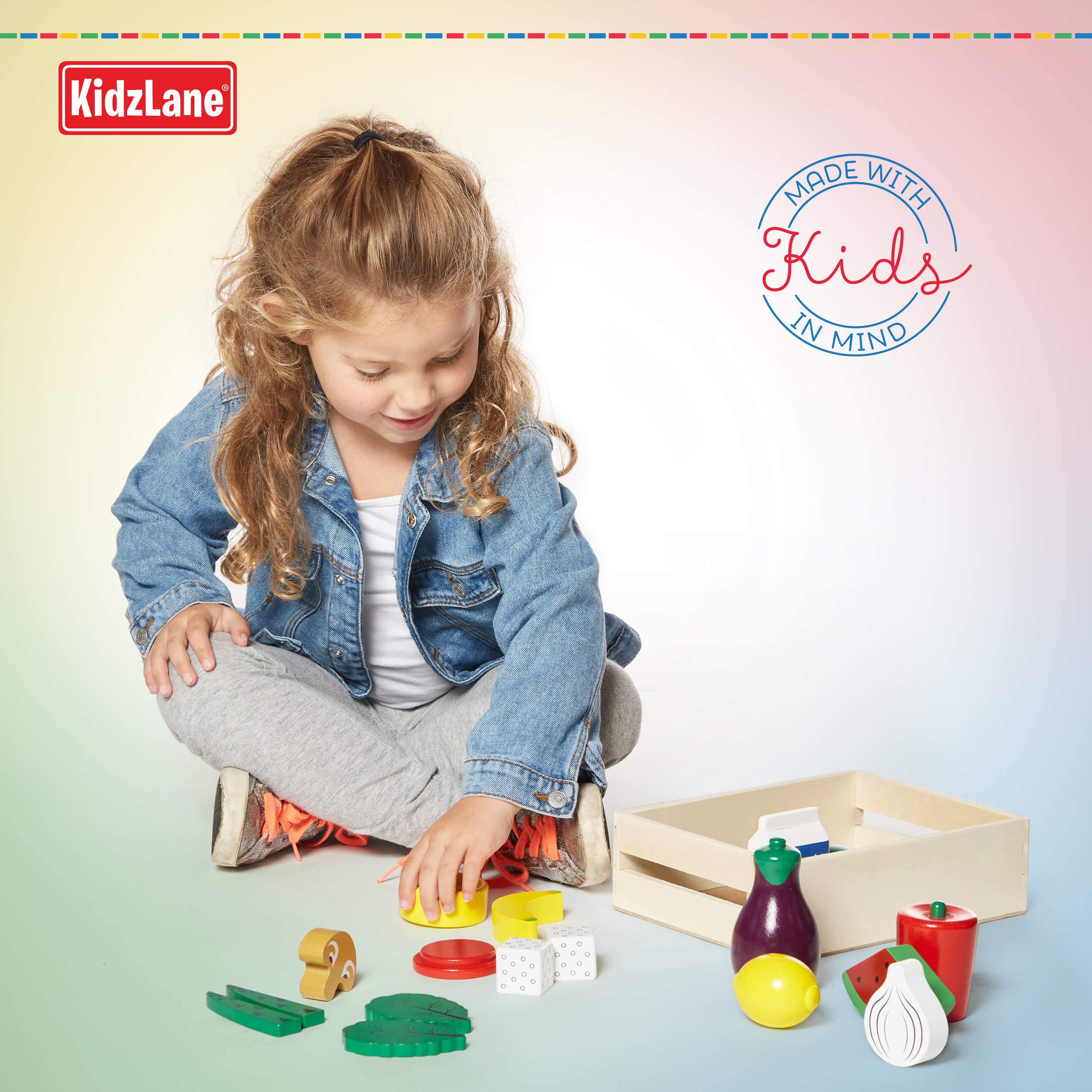 Kidzlane Wooden Vegan Toys with Wooden Crate | 20 Piece Wood Play Food Set for Kids Kitchen | Play Kitchen Accessories for Toddlers | Pretend Food Wood Toys | Ages 3+