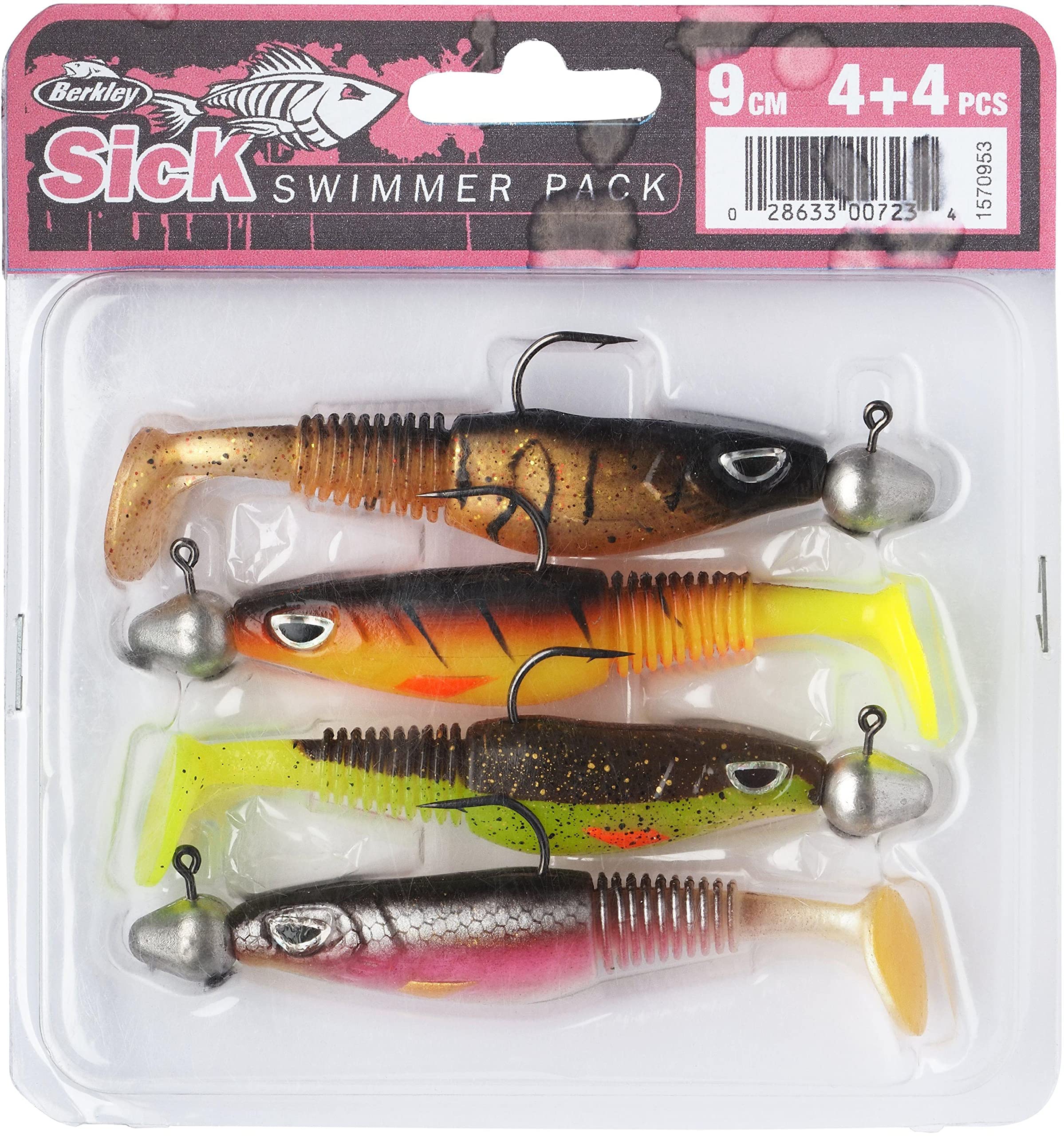 Berkley Sick Swimmer Pack, Mix of Four 9cm Pre-Rigged Berkley Sick Soft Lures, Versatile Lure to Catch All Predators, Strong Rolling Action and Round PaddleTail