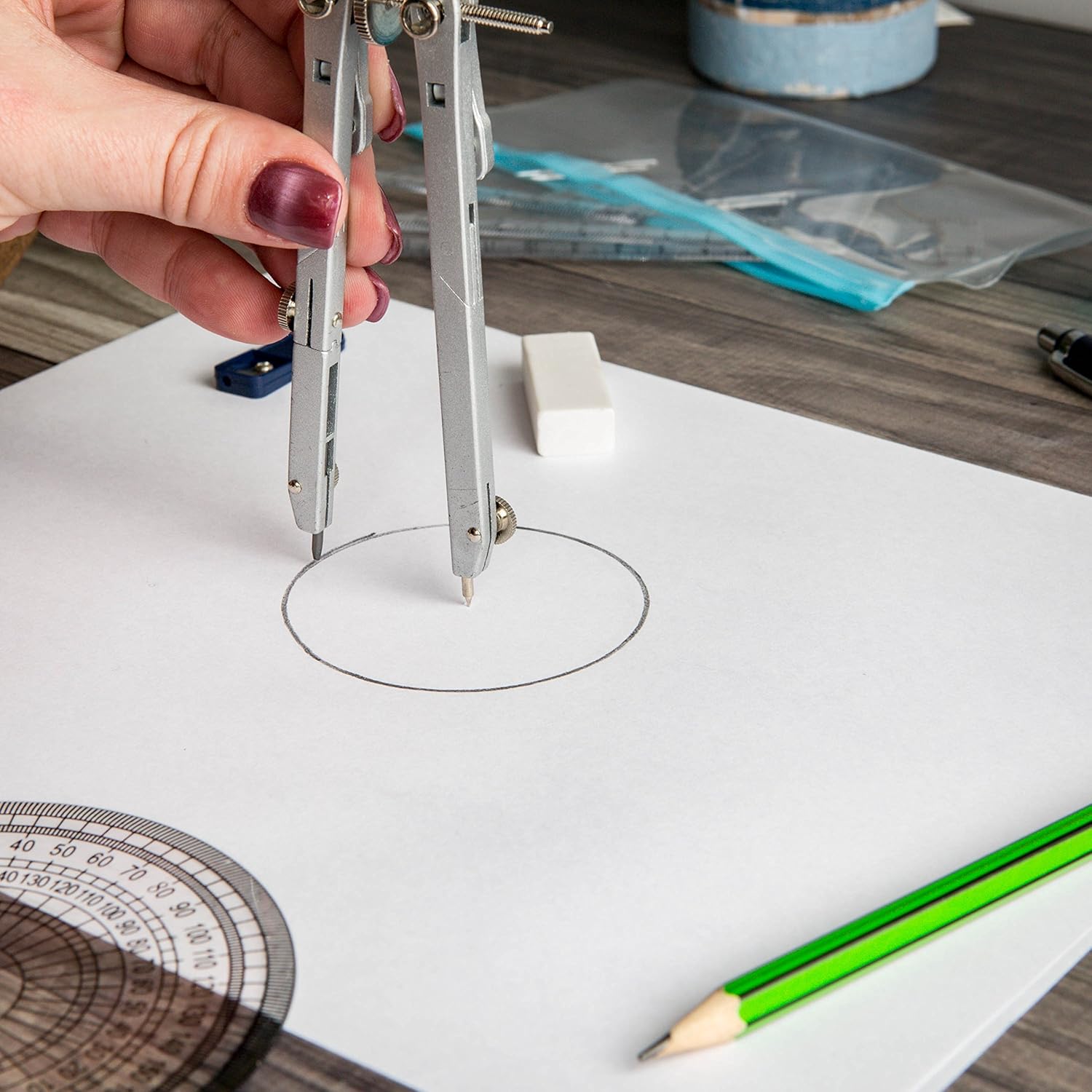 Protractor and Compass Set with Ruler, Set Square, Protractor, Compass for Geometry, Pencils, Pencil Case, Mechanical Pencil, Pencil Sharpener, Eraser and Lead : Office Products