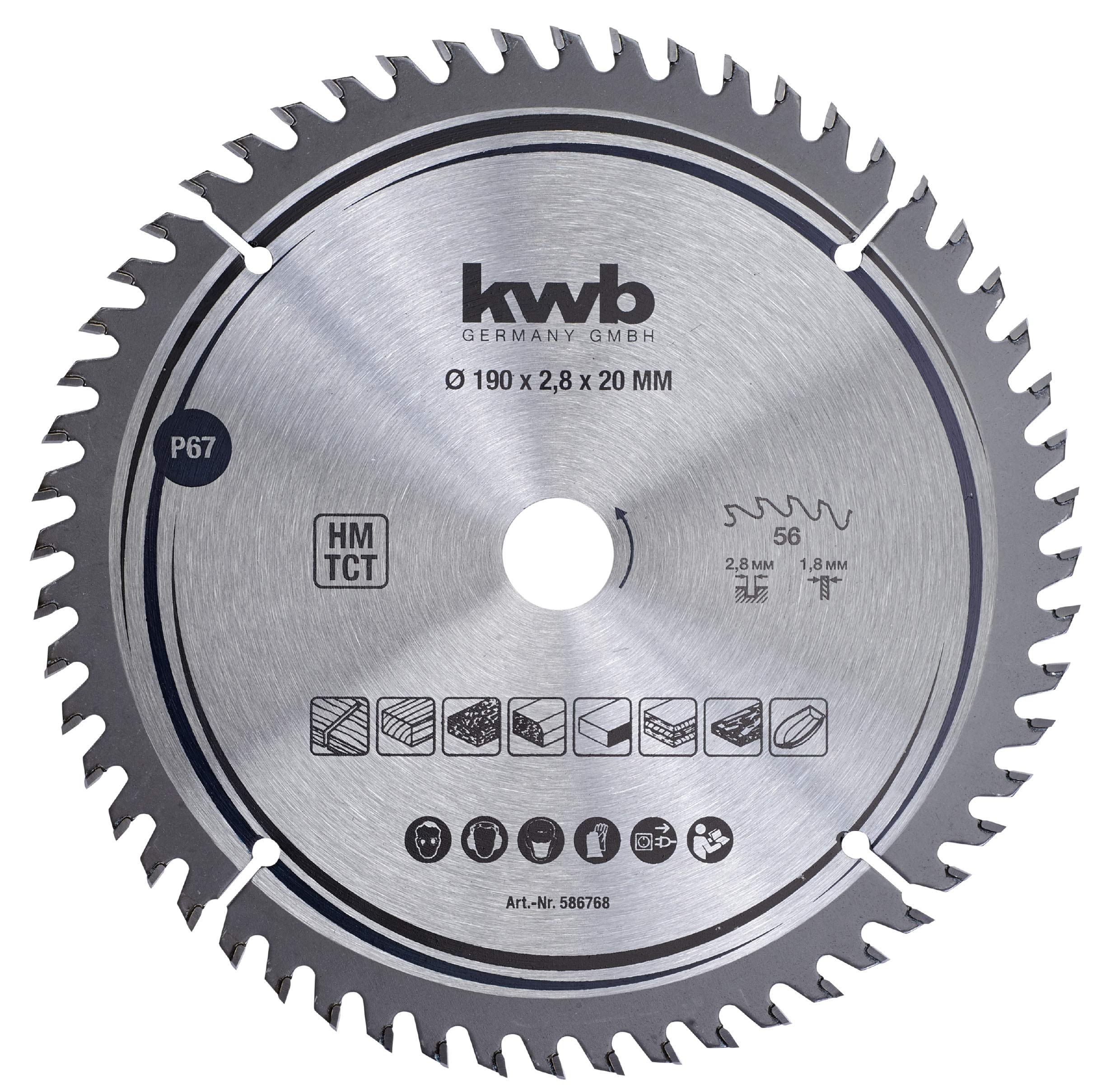 kwb 586768 Joiner's Circular Saw Blade, Wood/Hardwood, 190 x 20 mm cuts, high Number, 56 Teeth Z-56, Precision Saw Blade fine, 190 x 20