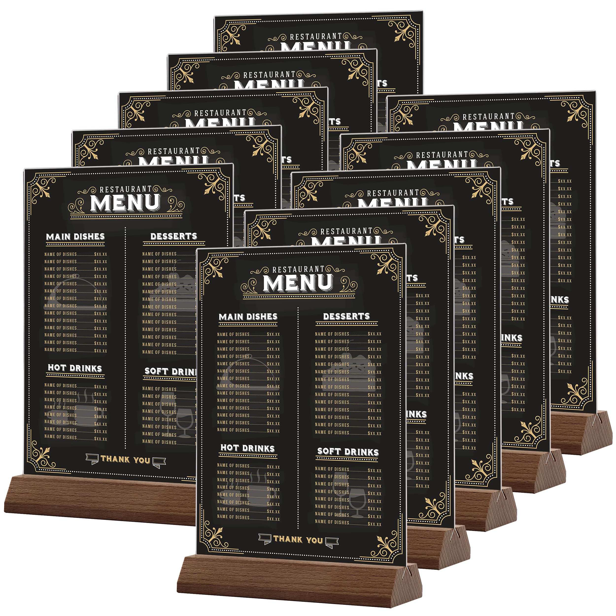 Srvnpioy Acrylic Sign Holders A5 (10 Pack) A5 Wooden Base Table Stands Acrylic Menu Holders for Tables, A5 Vertical Display Stand Up Poster Holder for Office Document, Restaurants menus, Hotel