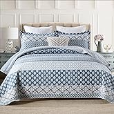 DDUOXIN Floral Quilt King Size - 100% Cotton Reversible King Quilt with 2 Pillow Shams, Farmhouse Soft Bedspreads Lightweight Stripe Quilts Bedding Set, Country Blue/Grey