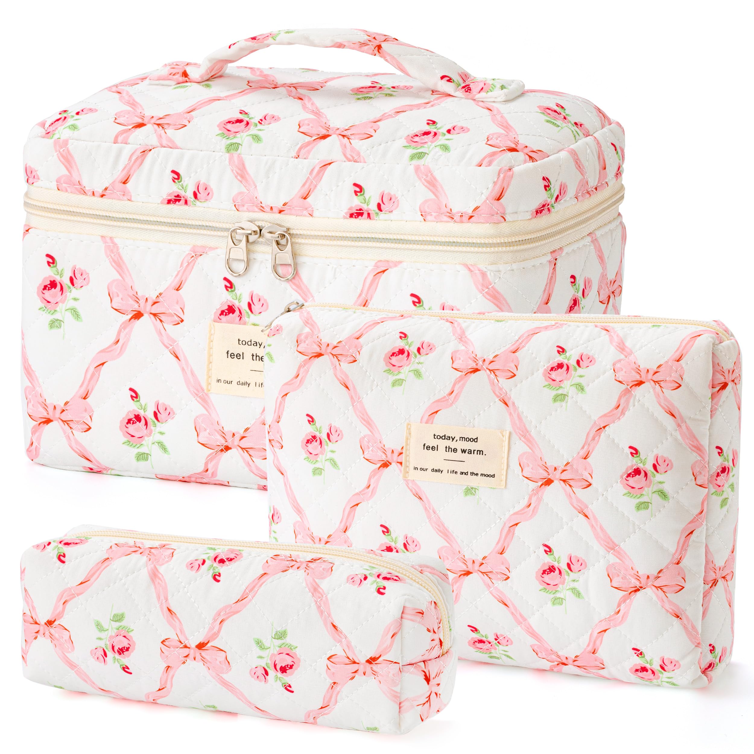 Photo 1 of HBselect Quilted Makeup Bag, 3PCS Cotton Large Travel Makeup Bag, Cute Floral Coquette Make up Bag Cosmetic Bag Toiletry Bag for Women Girls