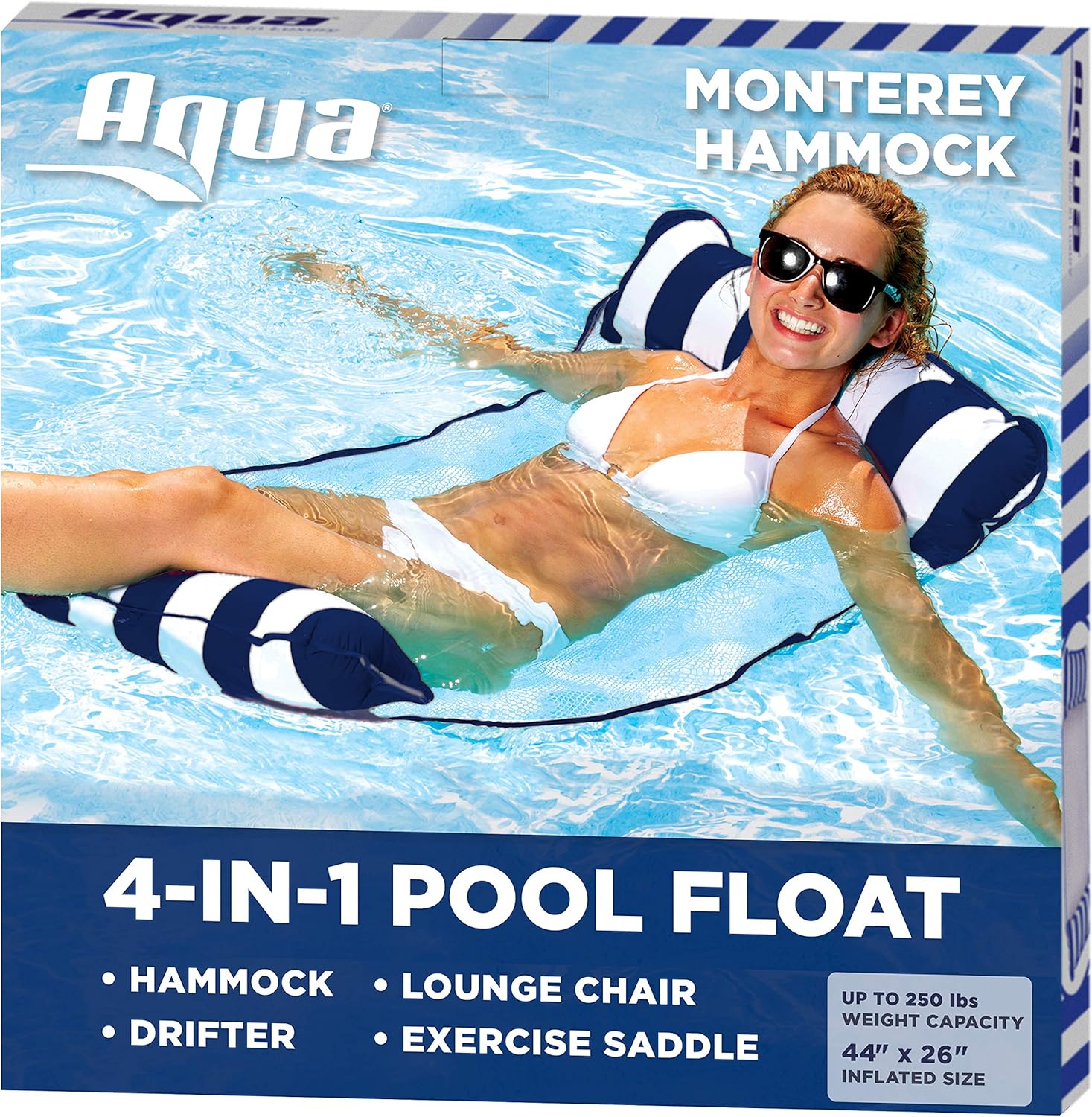 Aqua 4-in-1 Monterey Pool Hammock & Float, 50% Thicker, Patented Non-Stick PVC, Multi-Purpose Water Hammock (Saddle, Chair, Hammock, Drifter) Pool Chair for Adults - Navy: Toys & Games