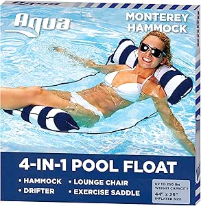 Aqua 4-in-1 Monterey Pool Hammock &amp; Float, 50% Thicker, Patented Non-Stick PVC, Multi-Purpose Water Hammock (Saddle, Chair, Hammock, Drifter) Pool Chair for Adults - Navy