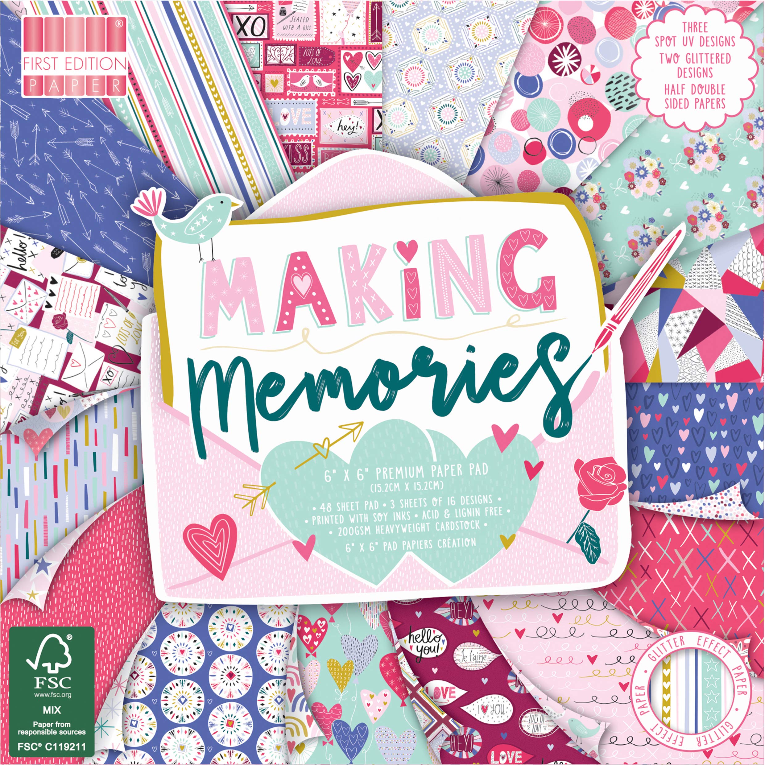 First Edition FEPAD211 Memories 6" x 6" | 64 Sheet 200gsm Heavyweight Cardstock | Acid & Lignin Free, Soy Inks | FSC | for Card Making, Scrapbooking, Home Décor & Papercraft, 6x6 Premium Paper Pad
