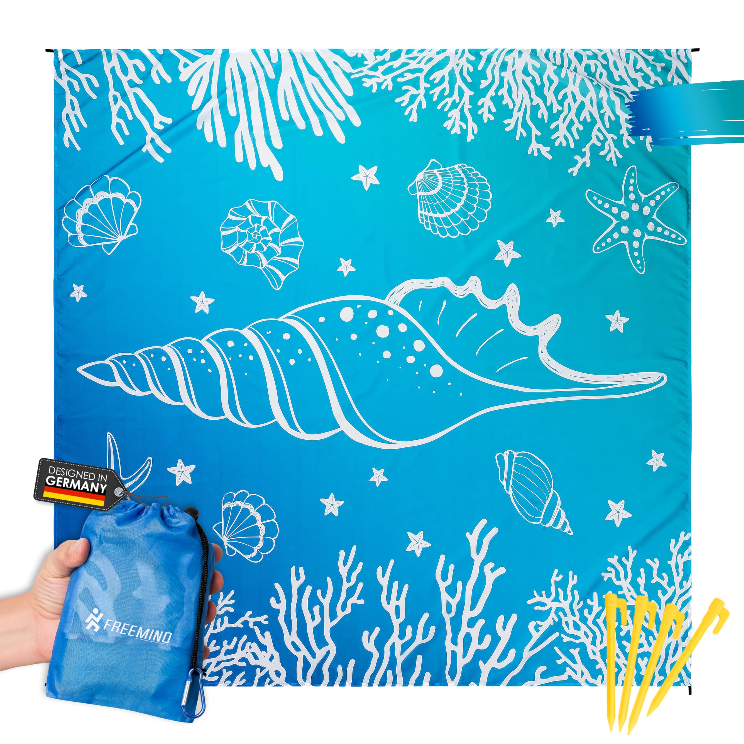 freemind® XXL Beach Towel, 2 x 2 m, Made of Polyester, Thin, Water-Repellent Beach Blanket without Padding, Ultra Compact, Sand-Free, Windproof, Mini Pocket Blanket, with Carry Bag, 4 Pegs, Carabiner