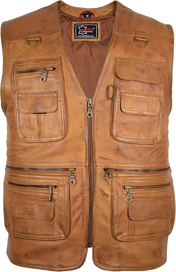 MDM Mens Leather Vest Leisure Vest Hunting Vest Fishing Vest Soft Lamb