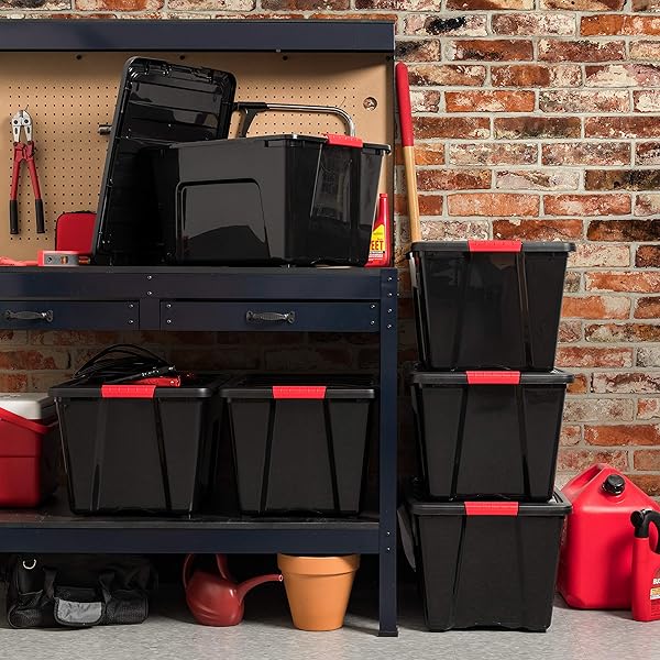 IRIS USA 54 QT PLASTIC STORAGE BOX WITH LID AND LATCHES – 6 PACK – BPA-FREE, GARAGE ORGANIZING SOLUTION, DURABLE NESTABLE STACKABLE CONTAINERS, SECURE PULL HANDLE – BLACK