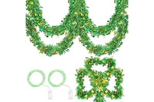 RGQSUN 65.6FT St.Patrick's Day Tinsel Garland with Lights,LEDs Shamrock Clover Green Gold Metallic Hanging Tinsel Garland with Leprechaun Hat for Irish St Patrick Party Wall Home Decor
