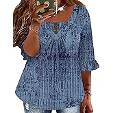 TFSDOD Womens Plus Size 3/4 Ruffle Sleeve Tunic Tops V Neck Pleated Dressy Casual Shirts Floral Print Blouses (1XL-5XL)