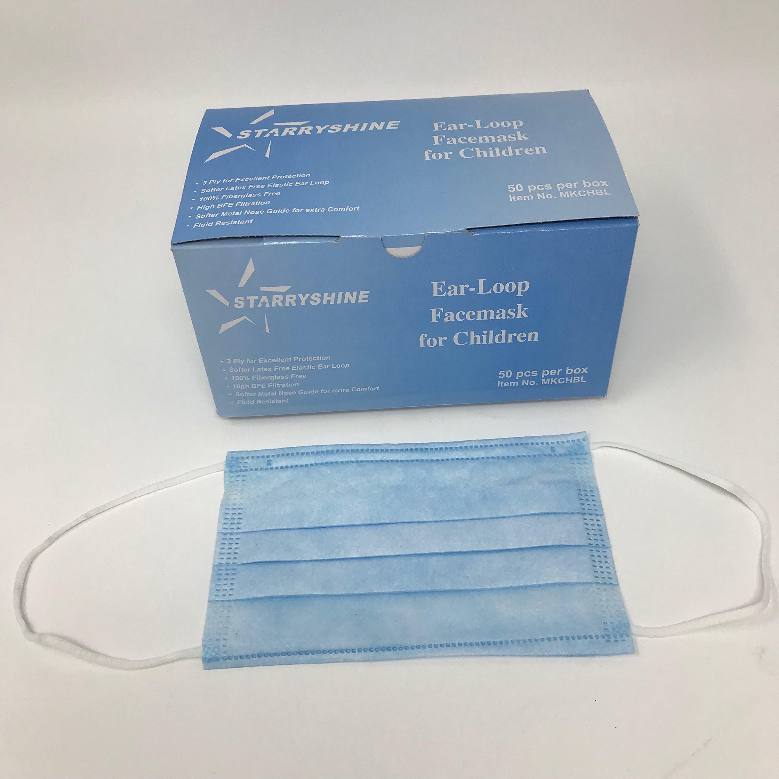 100 PCS (2 BX) 3-Ply Premium Children Blue Earloop Face Masks, Medical Grade with Bacterial Filtration Efficiency (BFE) Rating Over 99% …