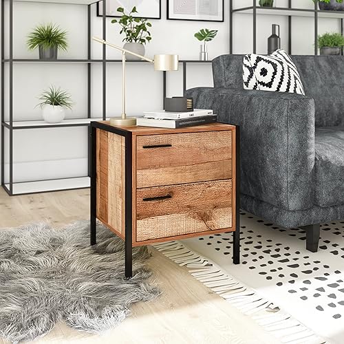 Atlantic Loft & Luv Zara Rustic 2 Storage Drawers, Wood Oak Finish Industrial End Table