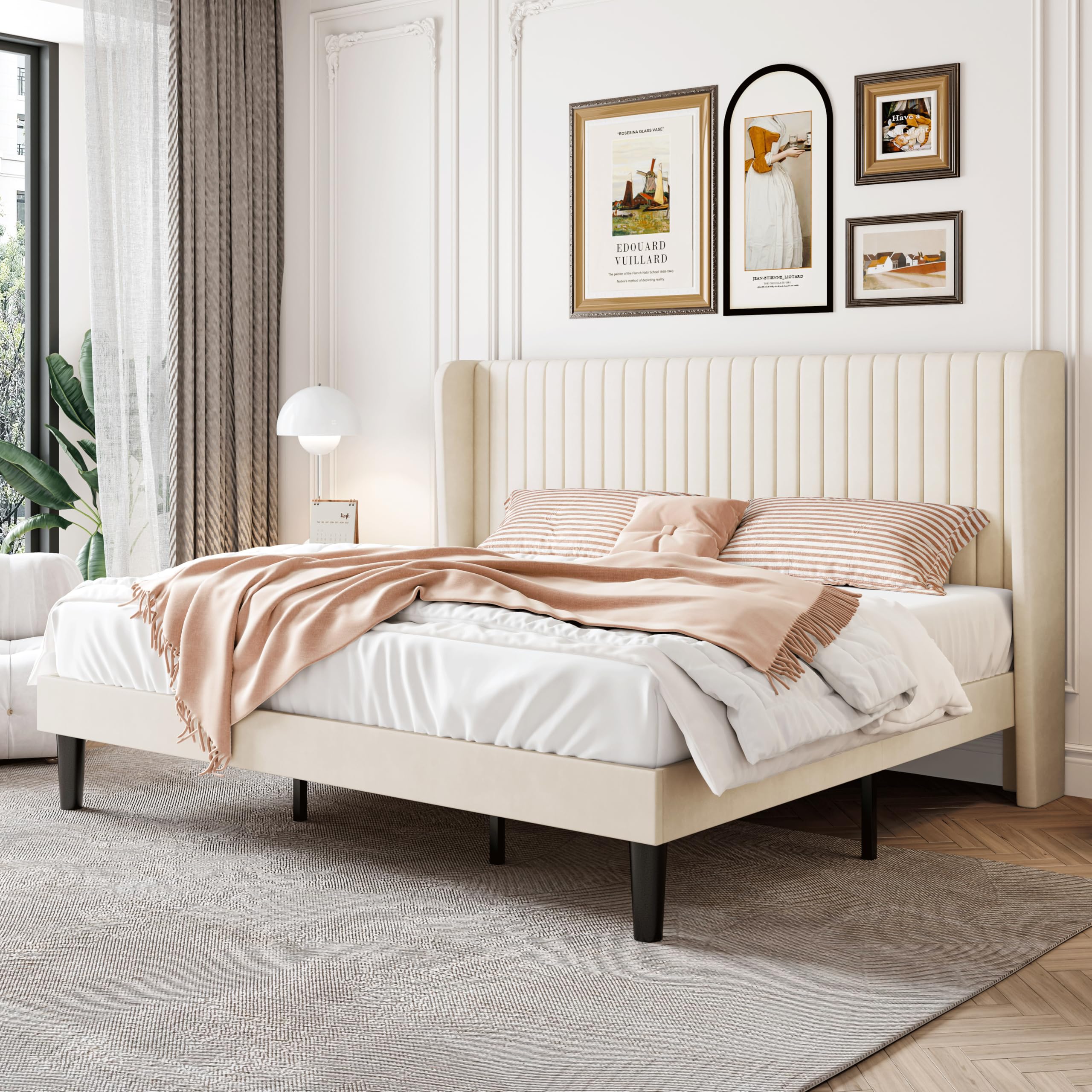 SHA CERLIN King Size Velvet Bed Frame with Vertical Channel Tufted Wingback Headboard, Upholstered Platform Bed with Wood Slats, No Box Spring Needed, Easy Assembly, Cream White Image