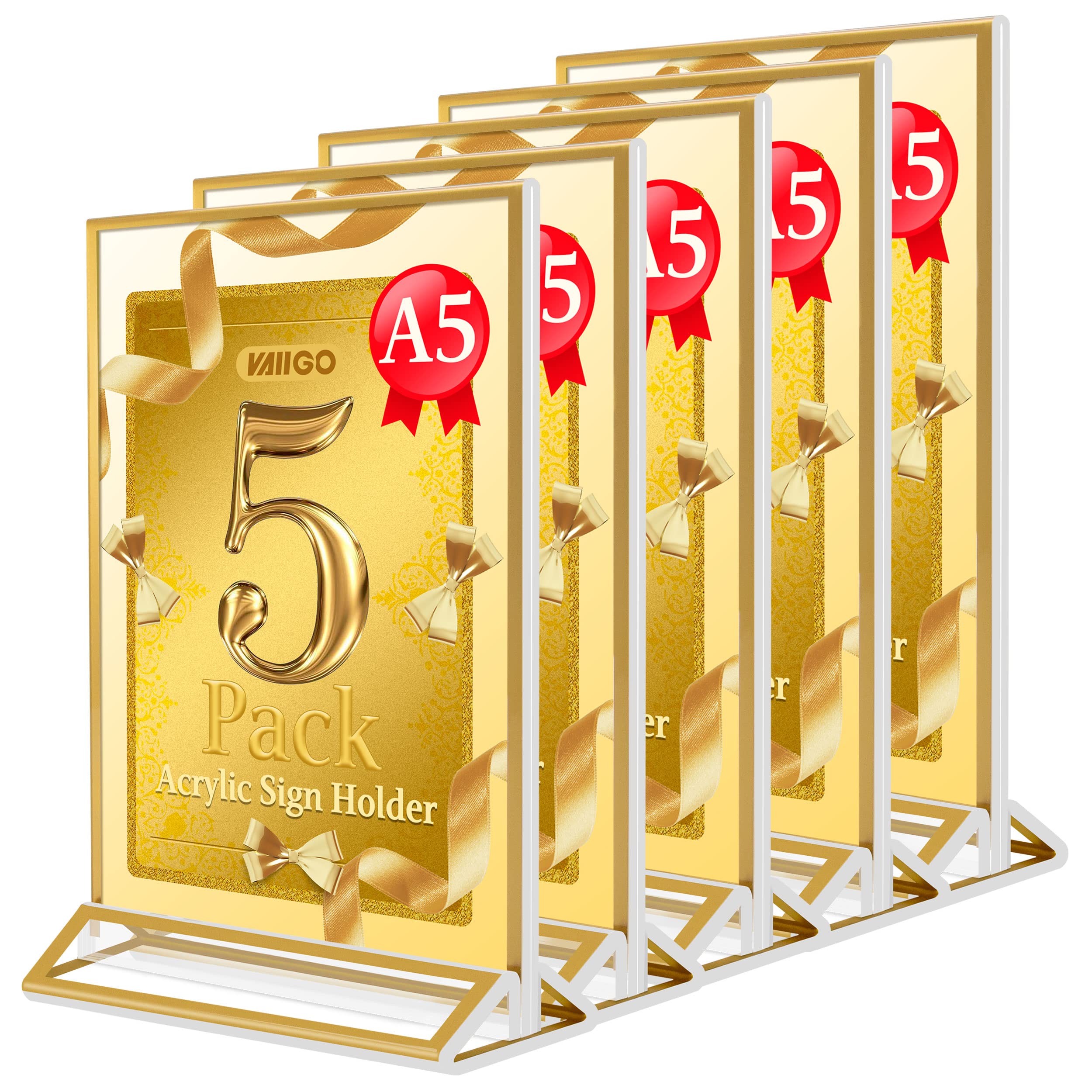 VAIIGO A5 Acrylic Sign Holder with Gold Borders, Double Sided Table Menu Display Stand Wedding Table Numbers Sign Holder for Wedding, Restaurant Signs, Photo Frames, Flyer, Ads Display Etc-5 Pack
