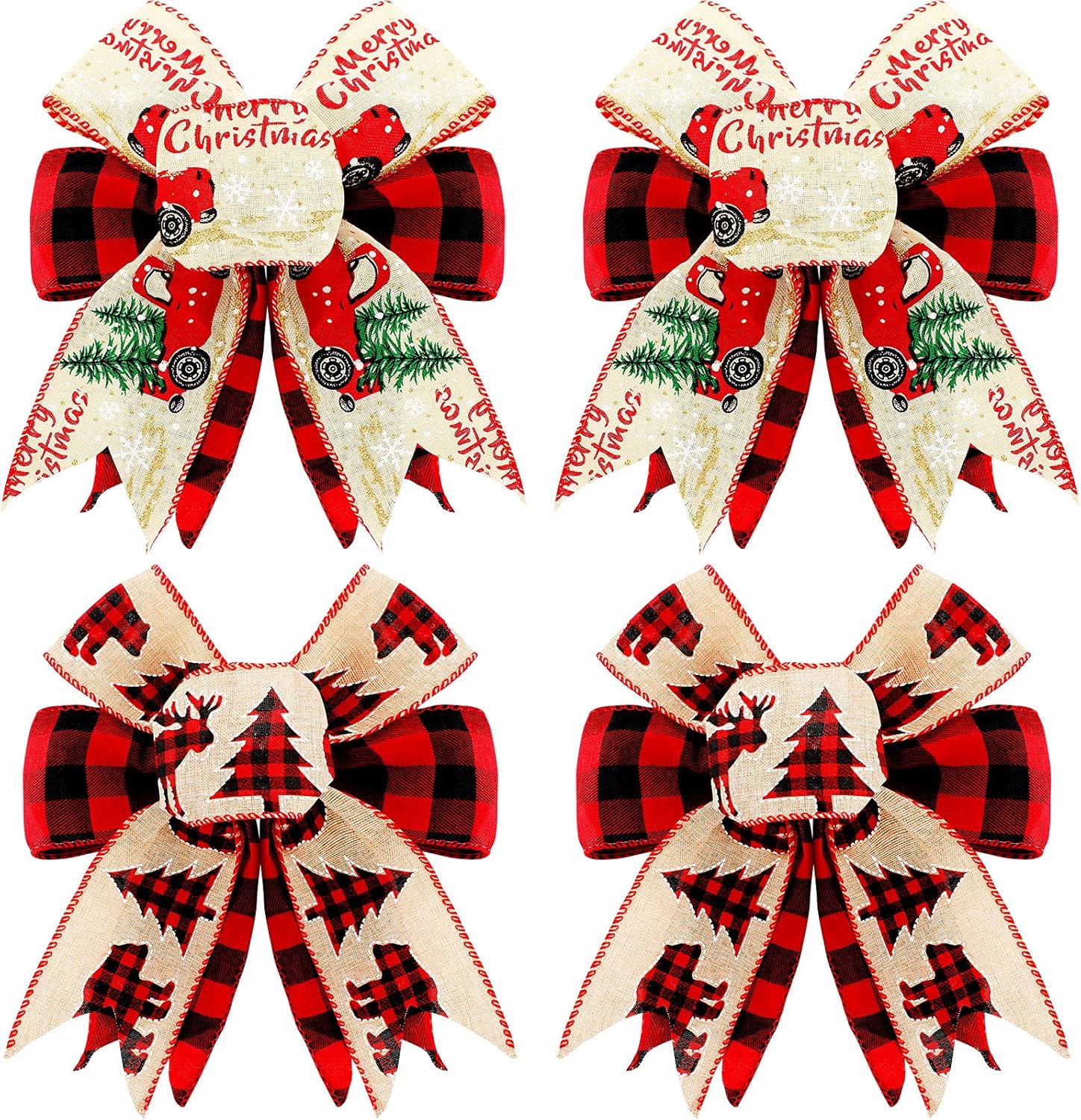 Bows & Ribbons - 4 Pieces Christmas Buffalo Plaid Bow Burlap Plaid Red and Black Wreath Bows 8 x 8 Inch Christmas Double Layer Xmas Tree Bow for Home Decoration
