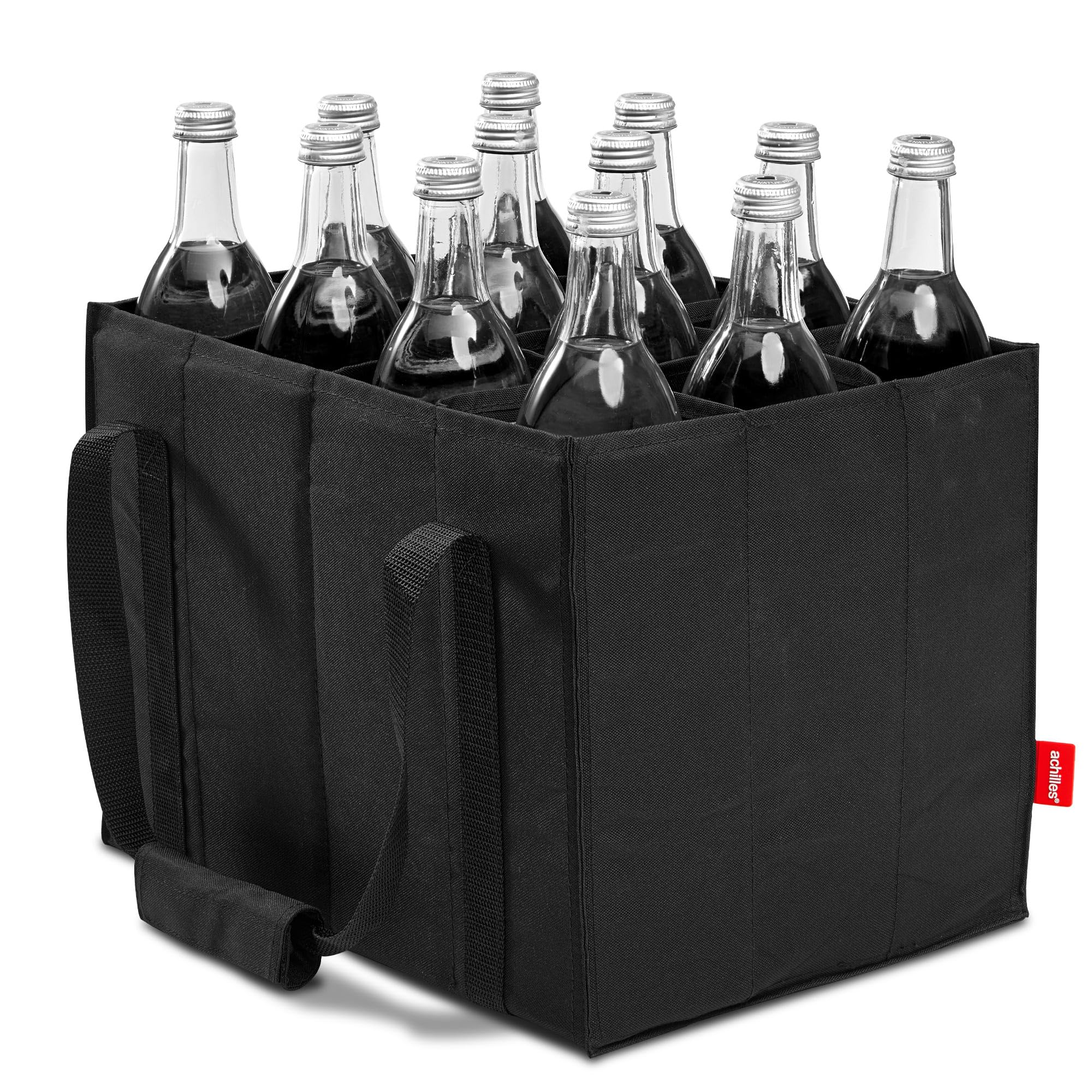 achilles Bottle Bag, Bag For 1.5 Liter Bottles, Carrier With Dividers Shopping 12 Compartments, 36 Cm X 27 (Black, For 12 bottles)