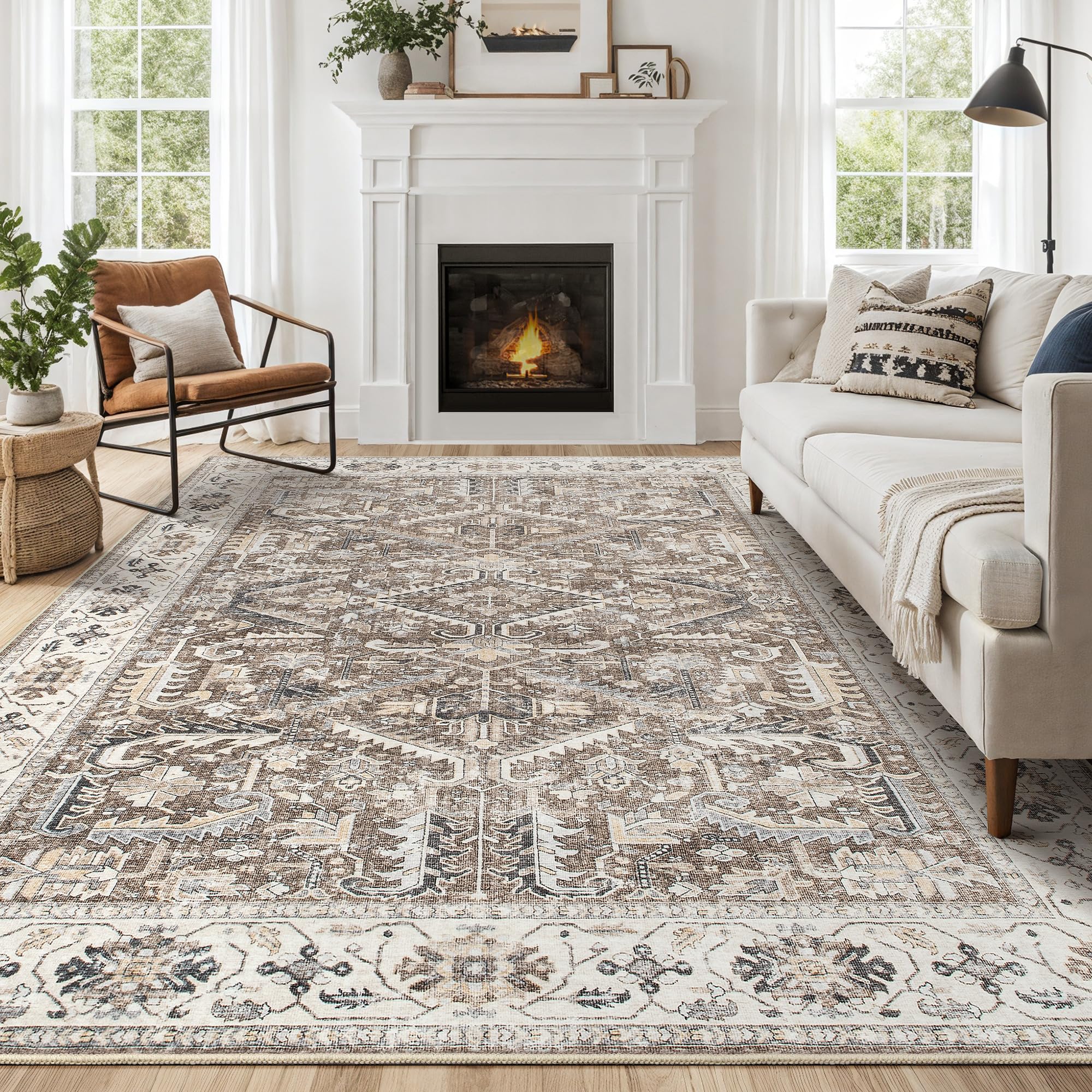 Photo 1 of Area Rugs 5x7 for Living Room - Washable Soft Large Vintage Rug Non-Slip Stain Resistant Traditional Stain Resistant Indoor Floor Low Pile Carpet for Bedroom Dining Room or Home Office - Dark Brown