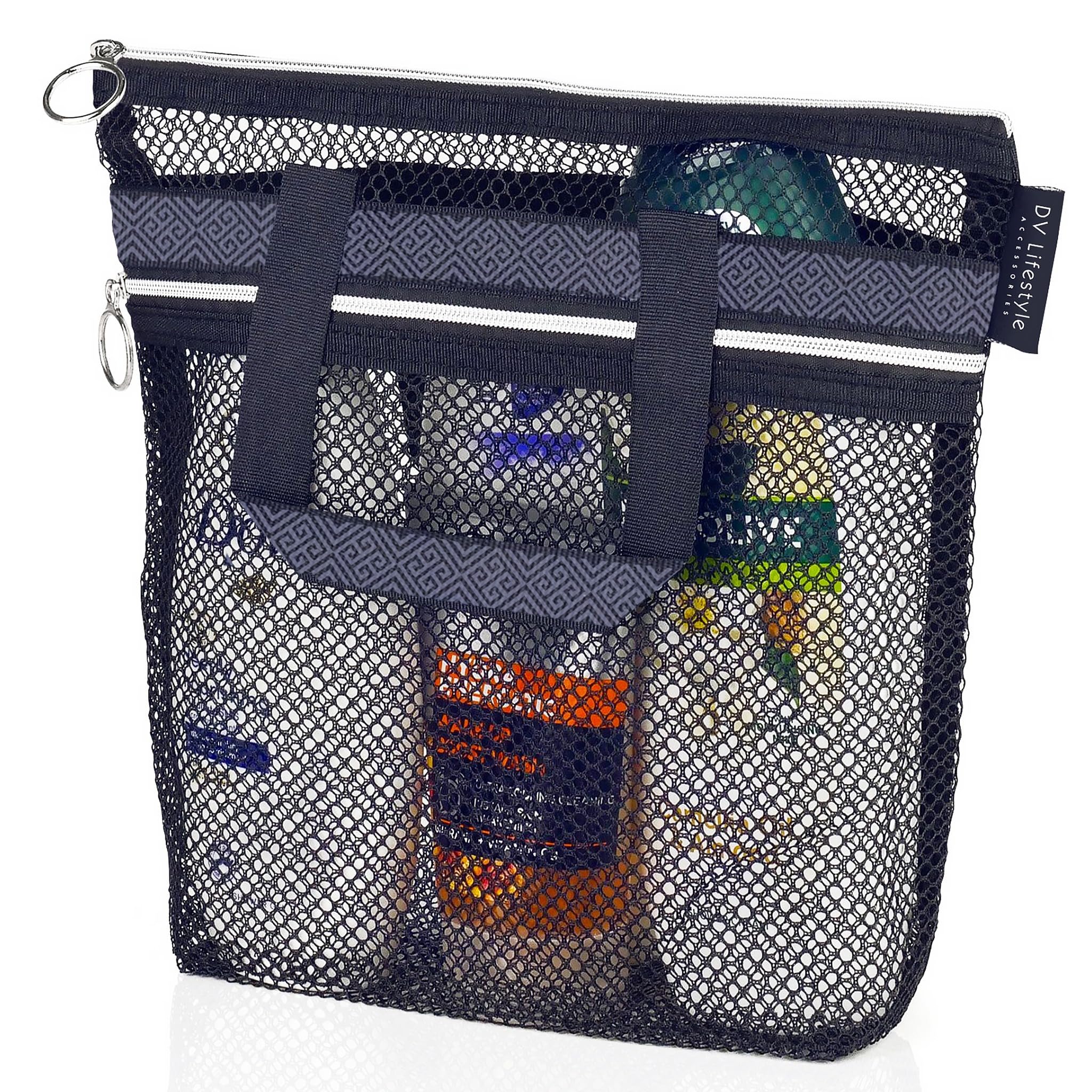 DV Lifestyle Mesh Shower Bag 25 x 26cm Caddy with Zipper & 2 Pockets. Quick-Dry Portable Toiletry Tote for Bathroom, Gym, Travel, Camp, Beach, for Sunscreen, Dorm & College Essentials (Black)