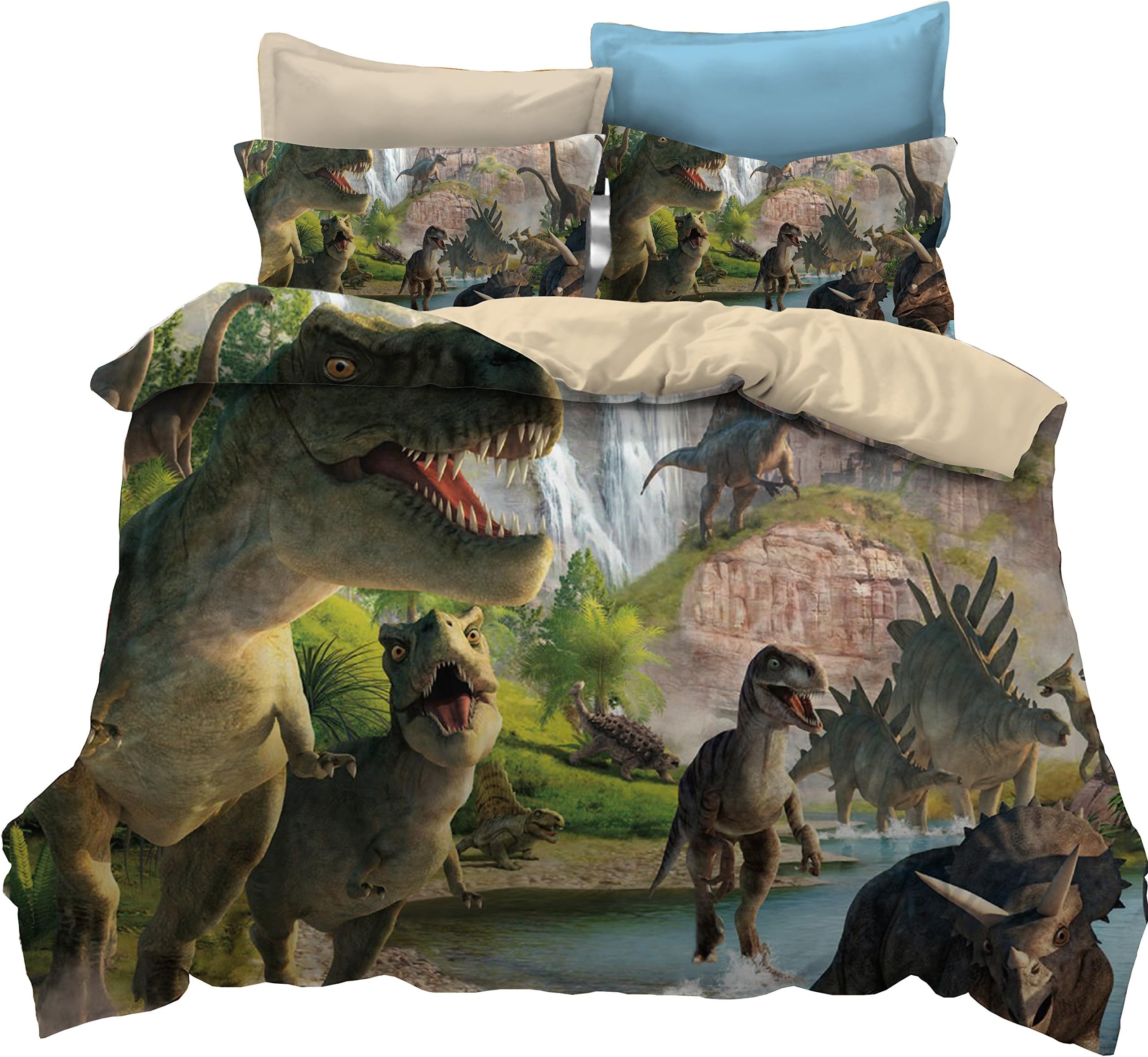 KTLRR Dinosaur Children's Bedding Set,Jurassic Age T-Rex Raptors Duvet Cover and Pillowcase Set,Kids Boys Bedroom Decoration Bed Set,Microfiber Fabric,No Comforter (Dinosaur, King 3pcs)