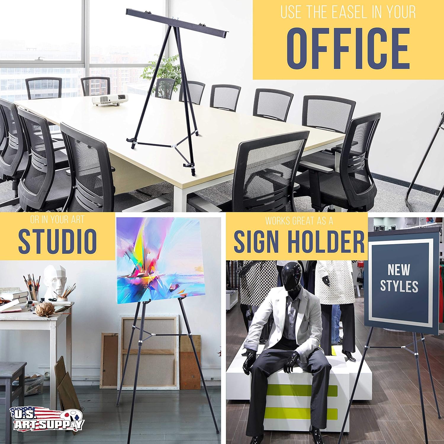 U.S. Art Supply 66" High Boardroom Black Aluminum Flipchart Display Easel and Presentation Stand - Large Adjustable Floor and Tabletop Portable Tripod, Holds 25 lbs - Holds Writing Pads, Poster Boards: Kitchen & Dining