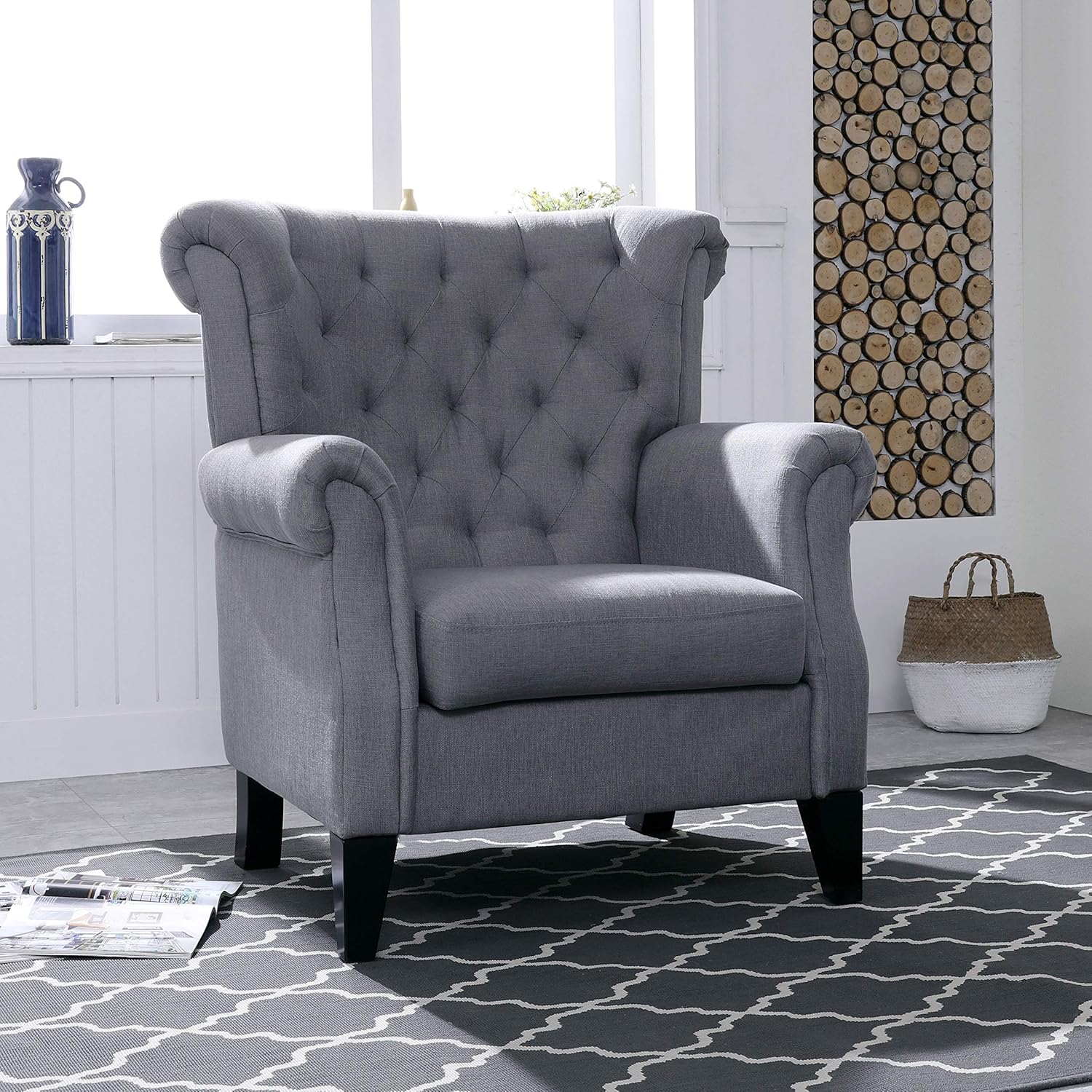 Mid-Century Modern Accent Fabric Arm Chair Comfy Upholstered Single Sofa for Living Room Furniture, Gray（Style2）: Furniture & Decor