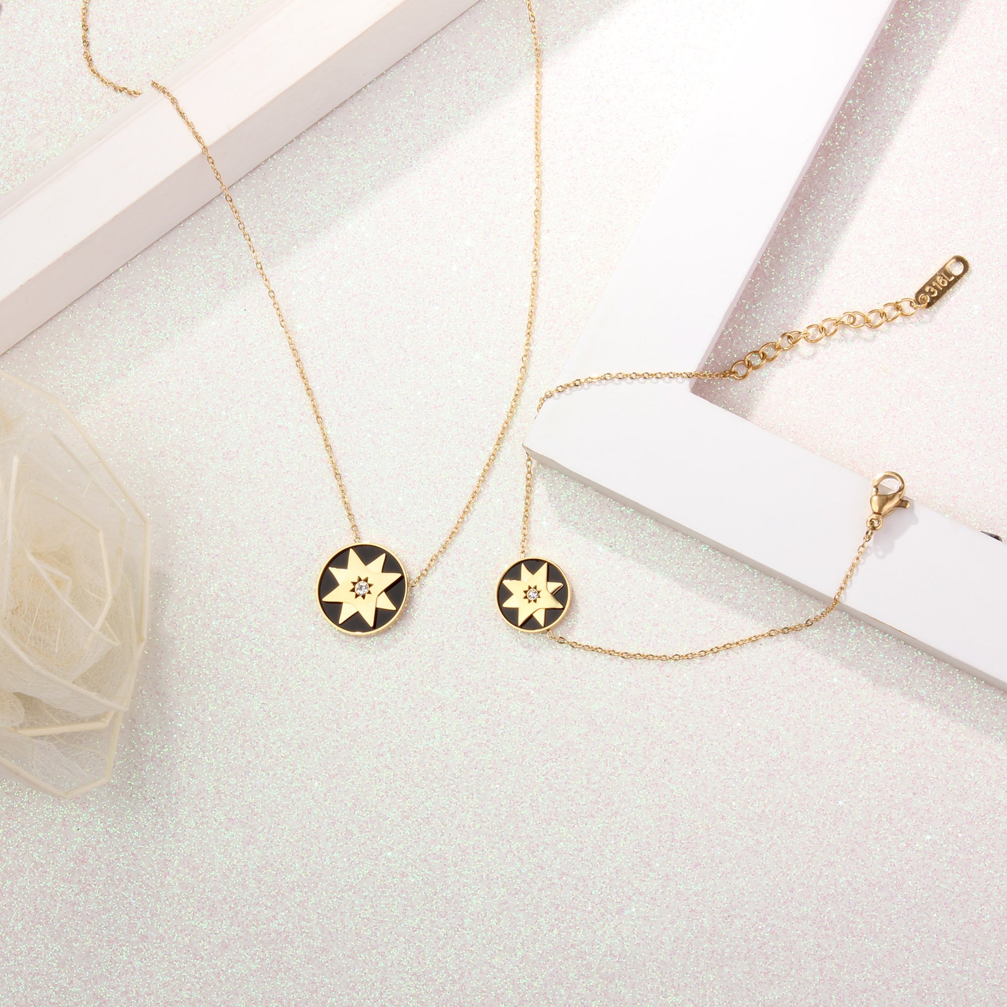 GEORGE · SMITH Moonlight Lover Charm Womens Pendant Necklace Gold Link Bracelets Crescent Moon and Star Element,Stainless Steel Jewelry Sets Birthday Gifts (Gold-star)