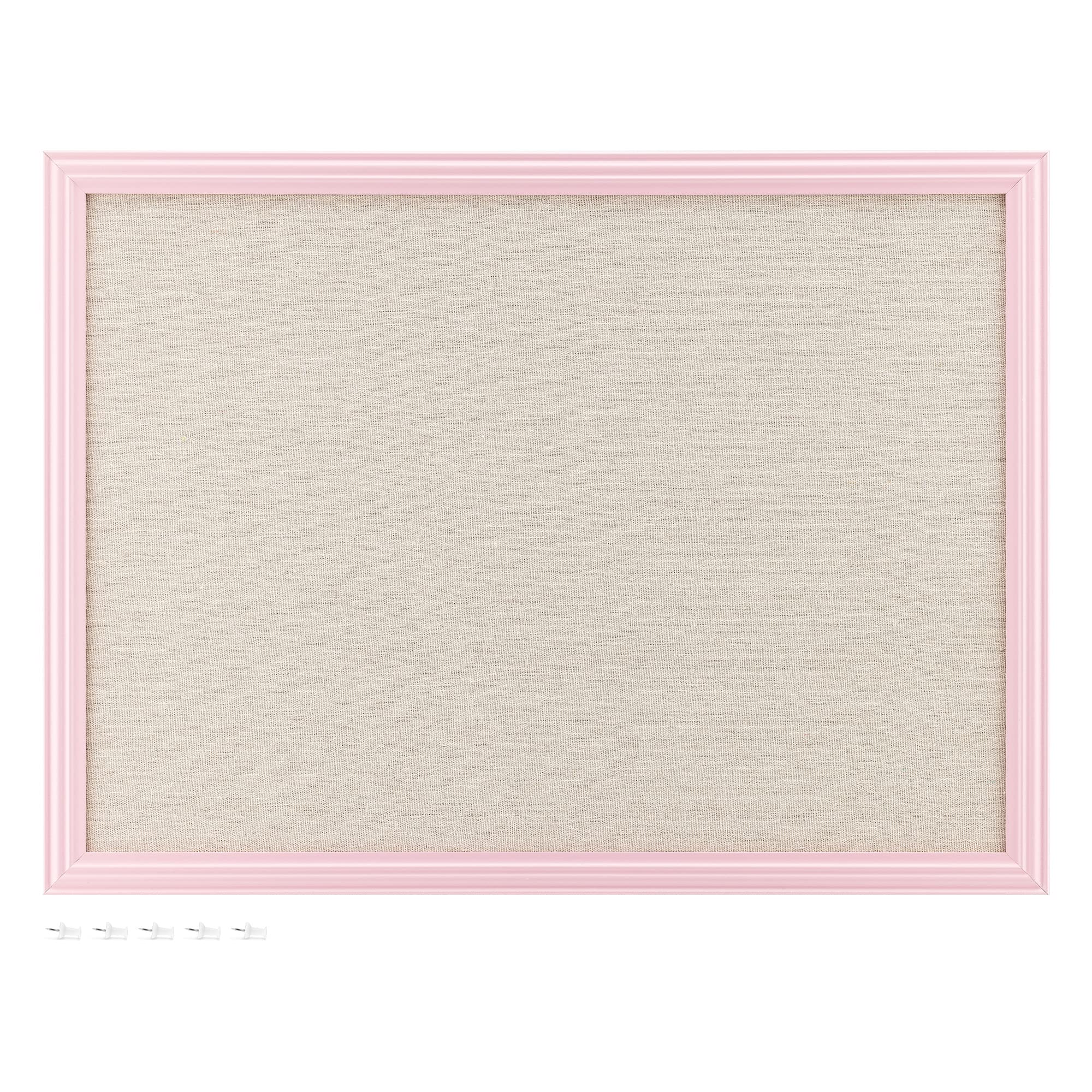 Navaris Framed Linen Bulletin Board - Approx. 58x43cm Fabric Jewelry Organizer Pinboard for Wall Memory Memo Pin Board - Natural Linen with Pink Frame