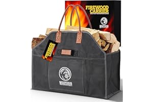 MOUNTAIN GRILLERS Heavy Duty Canvas Firewood Carrier - Features Reinforced Handles For Carrying Wood & Logs - Must Have Bag For Any BBQ Enthusiasts & Pit Masters