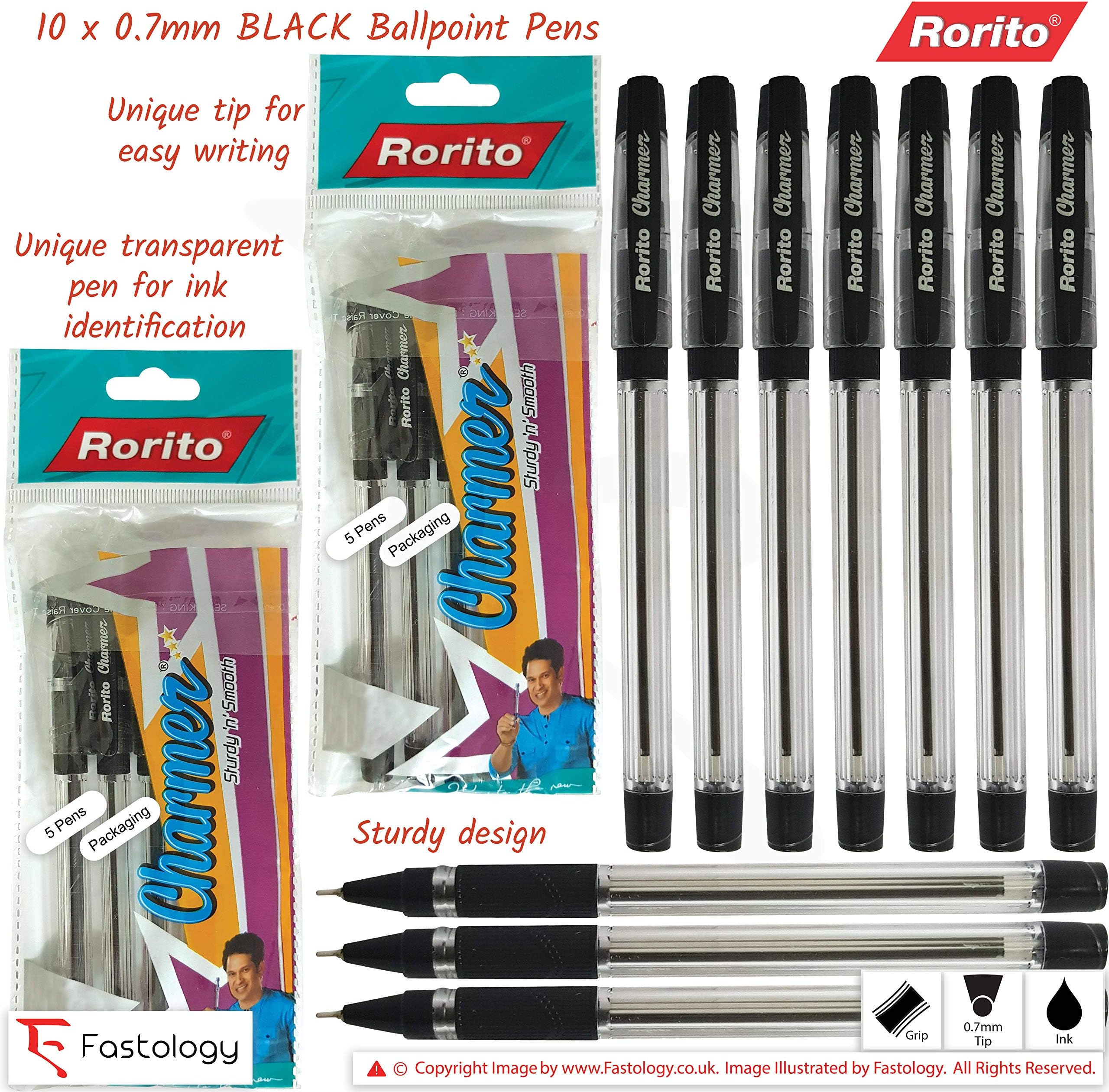 RORITO Charmer Fine Smooth Ballpoint Pens Home Office School Supplies (10 x 0.7mm BLACK Ball Pens + 4 x PATEL Black Ball Pens)