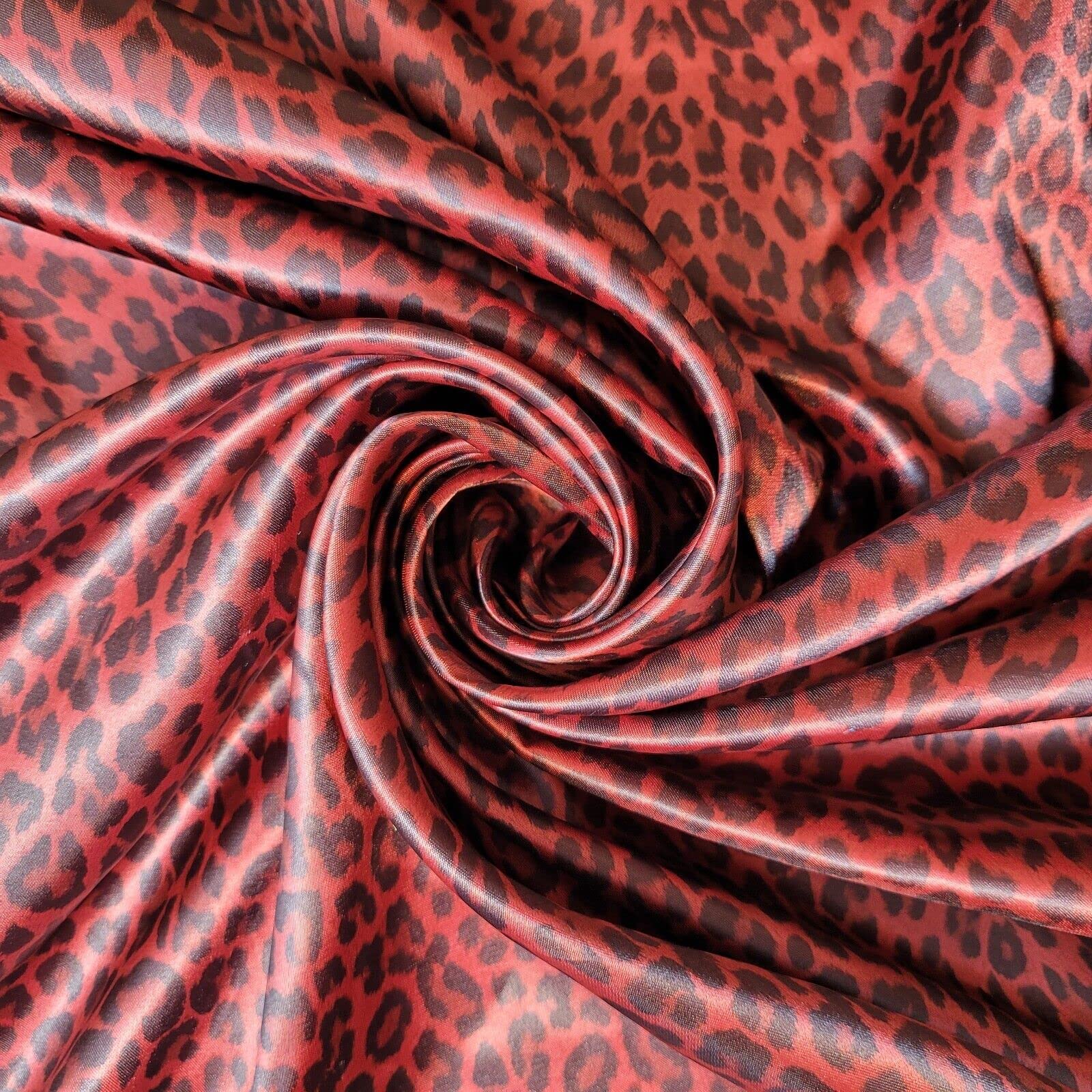 New Printed 100% Polyester Poly Silk Silky Satin Fabric, Dressmaking, Wedding, Prom - Dress Craft Fabric Material 58" - 150 cm Wide Sold As 1 Meter Pre - Cut Lengths (Red Leopard)