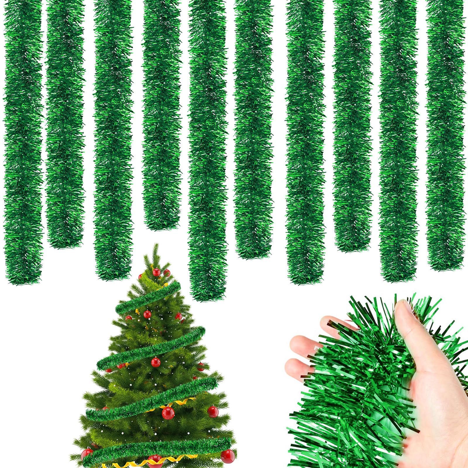 Cindeer 66 Feet/20 Meters Christmas Tinsel Garland Decoration Chunky Thick Garland Hanging Luxury Tinsel for Christmas Party Indoor and Outdoor Decor(Green)