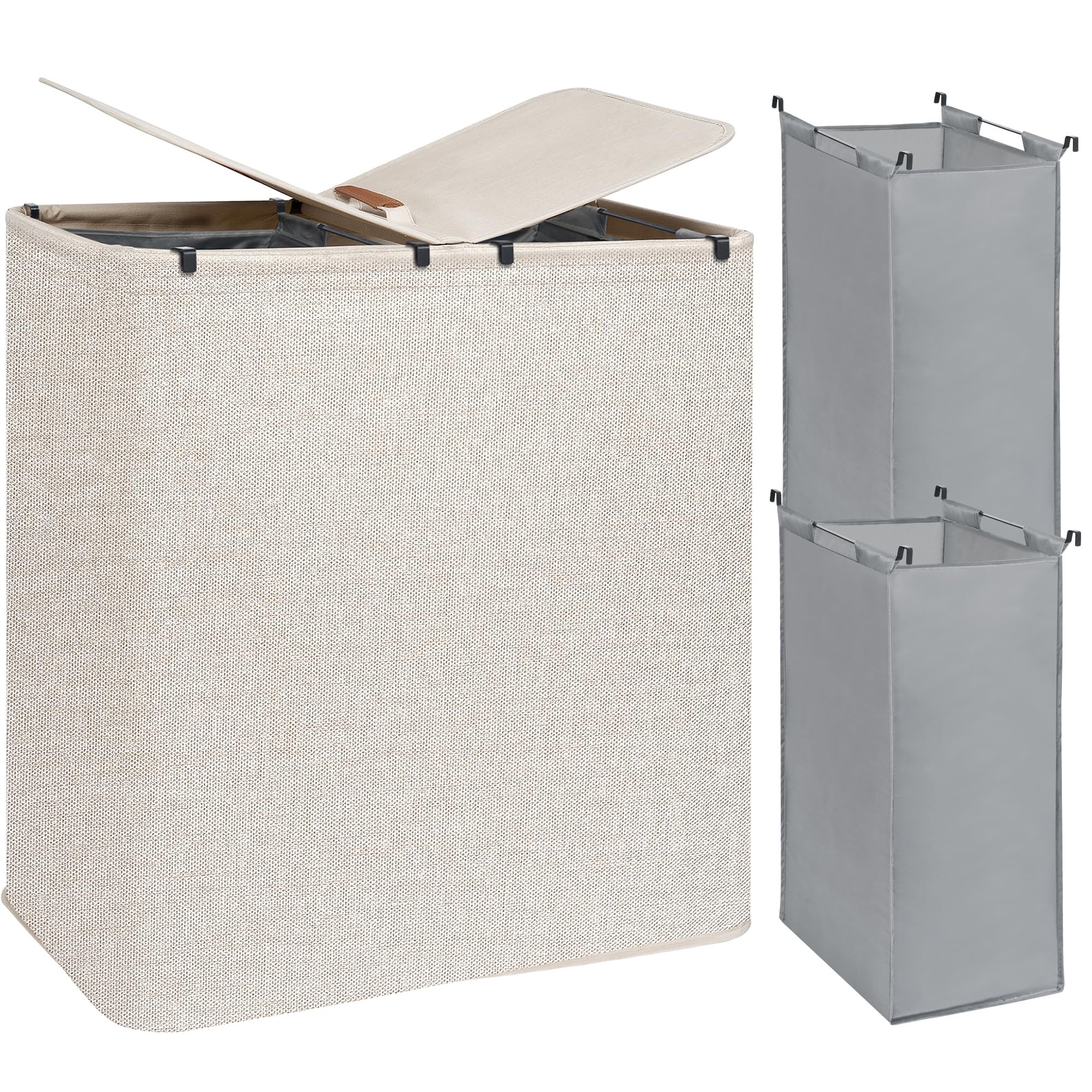 Photo 1 of STORAGE MANIAC Double Laundry Hamper, 136L Laundry Sorter with Lid and Removable Bags, Clothes Hamper, Large 2 Section Clothes Basket with Handles for Small Space, Dorm, Closet, Bathroom, Beige