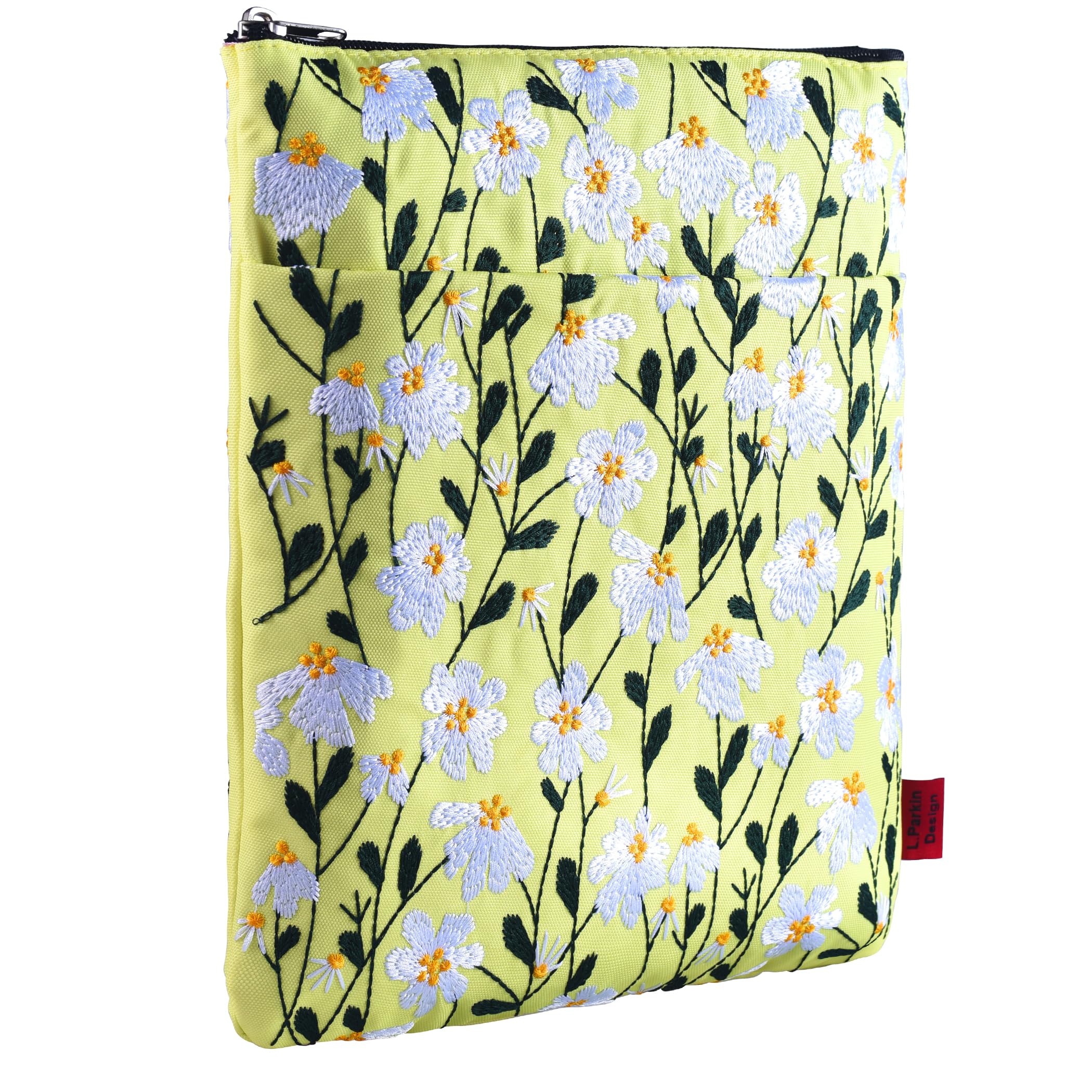 LParkin Daisy Flower Embroidery Book Sleeve with Zipper for Readers Protector Cover Gift for Book Lovers, 11x 8.5 Inch Washable Fabric, Daisy White