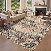 GarveeHome 8x10 Washable Vintage Living Room Area Rug: Vintage Machine Washable Area Rug for Living Room Indoor Large Non-Slip Bedroom Carpet Low Pile Stain Resistant Dining Room Carpet Green&Brown