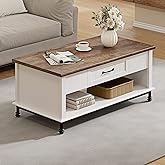 WAMPAT Farmhouse White Coffee Table, Large Rectangle Vintage Center Table with 1 Sliding Drawer and Open Storage Shelf for Li