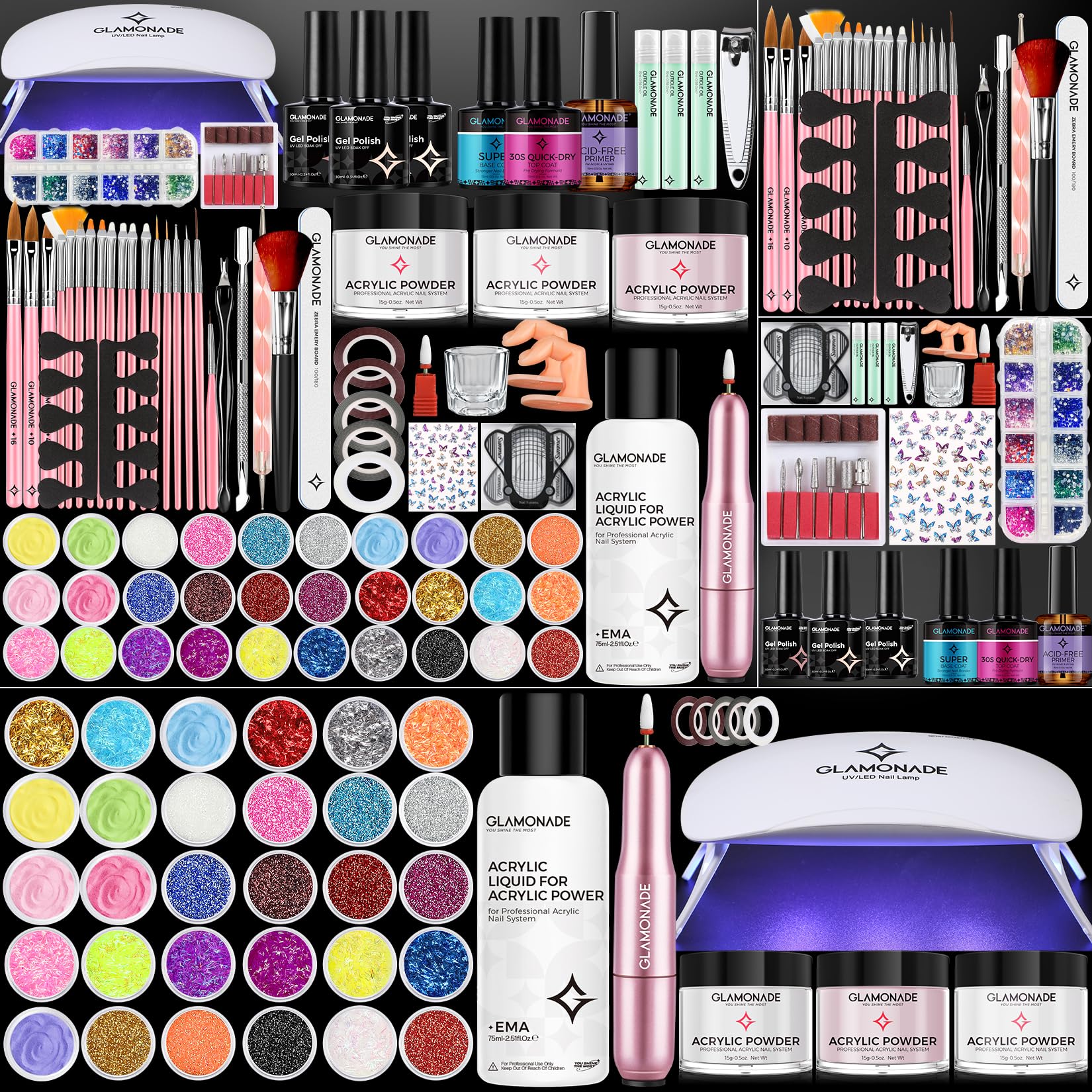 Glamonade Acrylic Nail Kit for Beginners: Professional Acrylic Nail Kit Set with Everything with Drill Powder Nail Art Starter Tech Kit at Home Salon Gift