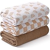 Muslin Swaddle Blankets for Newborn, 3 Pack Breathable Soft Receiving Blanket, Large 38 x 40 inches Swaddle Wrap Burping Clothes Diapers, Essentials Infant Shower Items, Toddler Gift (Rainbow & Grid)